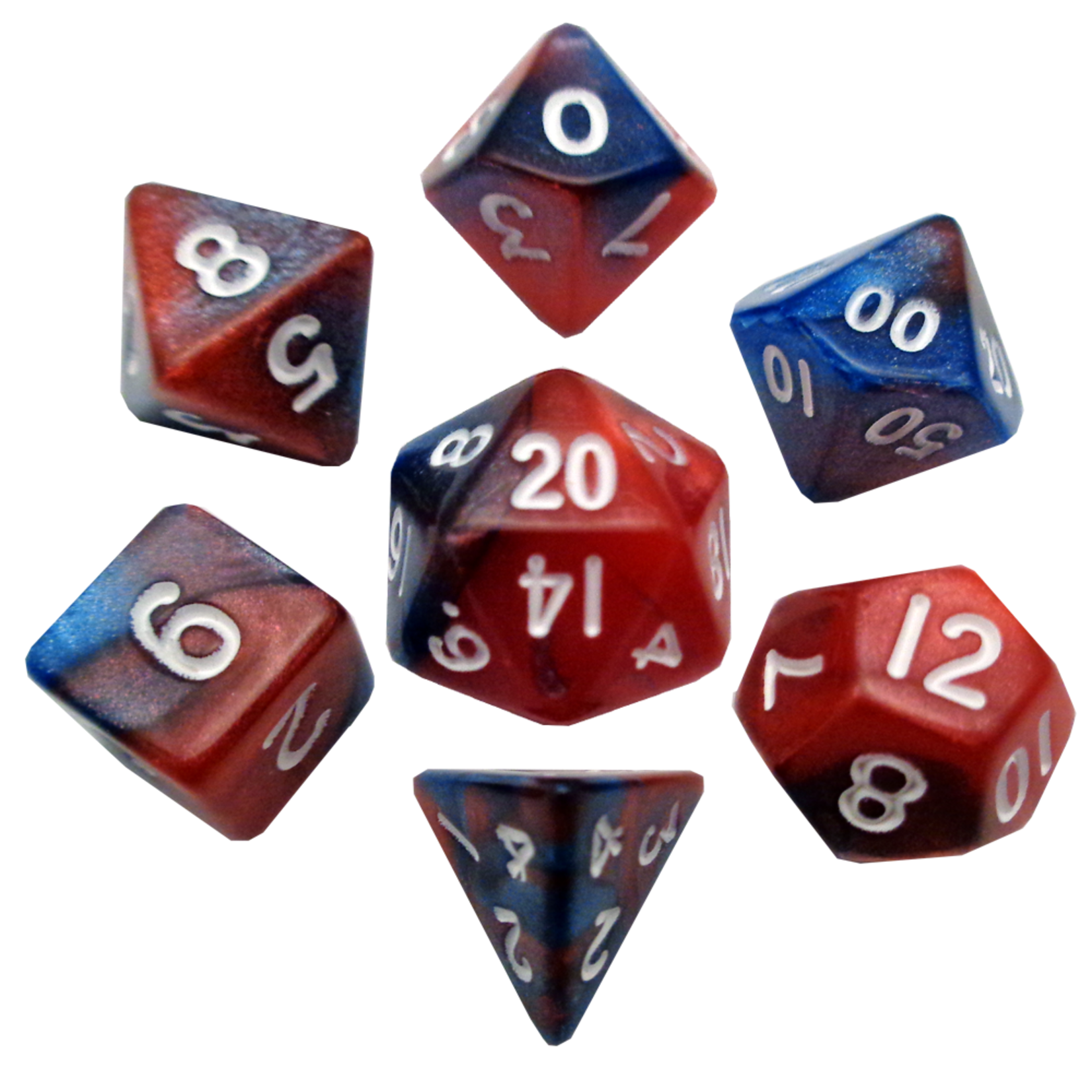 MDG Mini Dice: Red/Blue with White Numbers | 10mm 7 Die Polyhedral Set 412