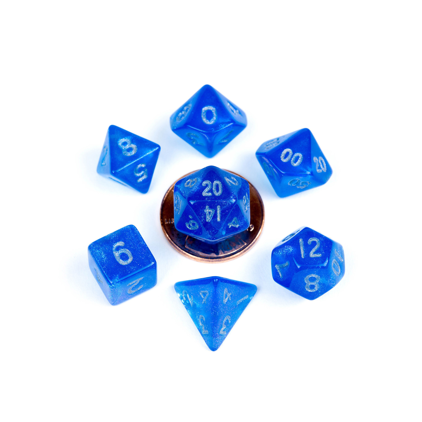 MDG Mini Dice: Stardust Blue w/ Silver Numbers | 10mm 7 Die Polyhedral Set 4181
