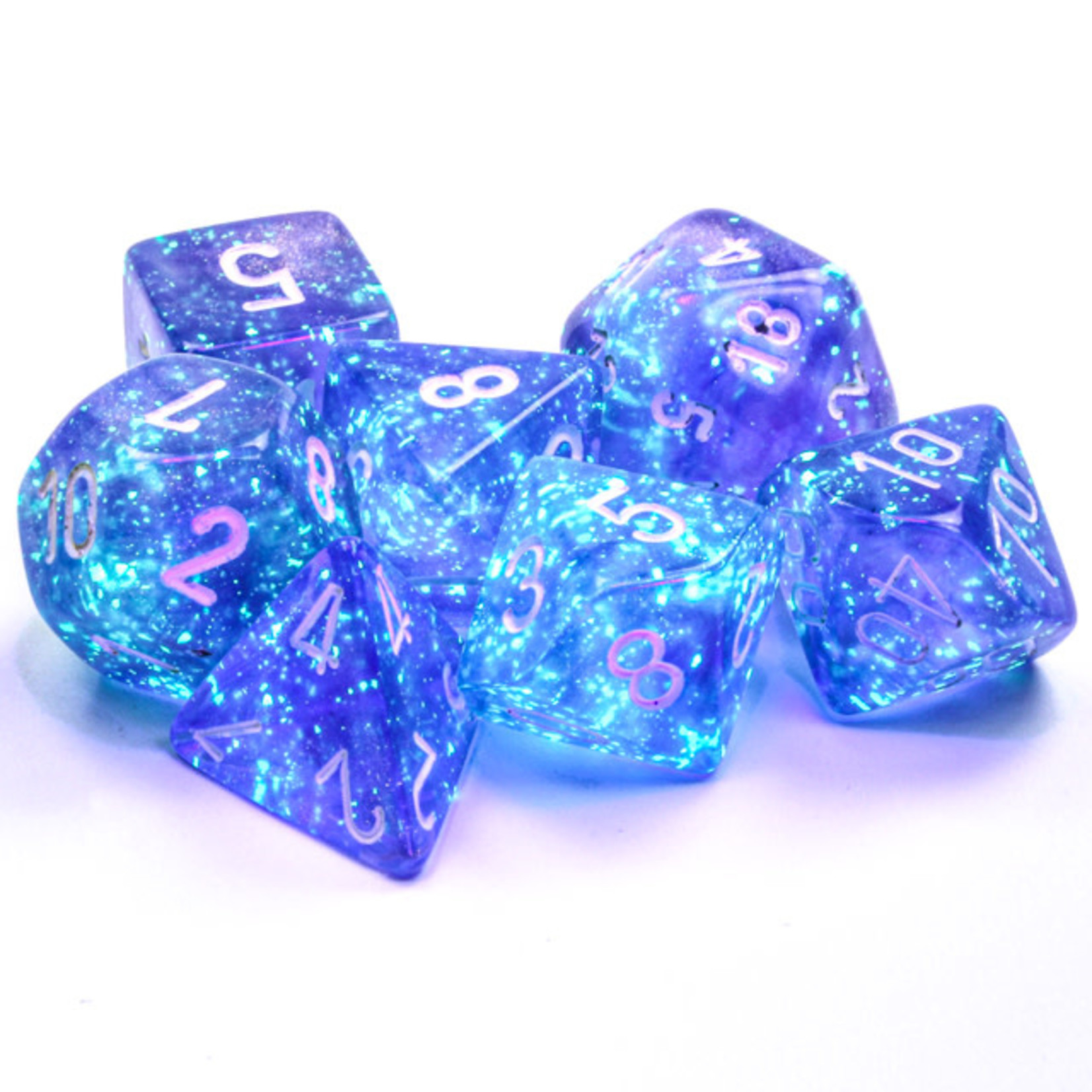 Chessex Borealis Dice: Purple / white Luminary | 7 Die Polyhedral Set | 27577