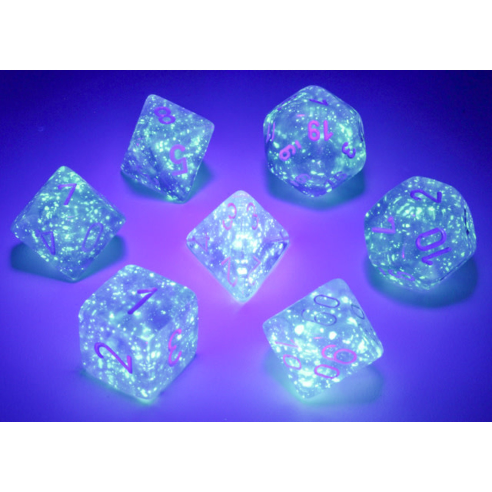 Chessex Borealis Dice: Purple / white Luminary | 7 Die Polyhedral Set | 27577