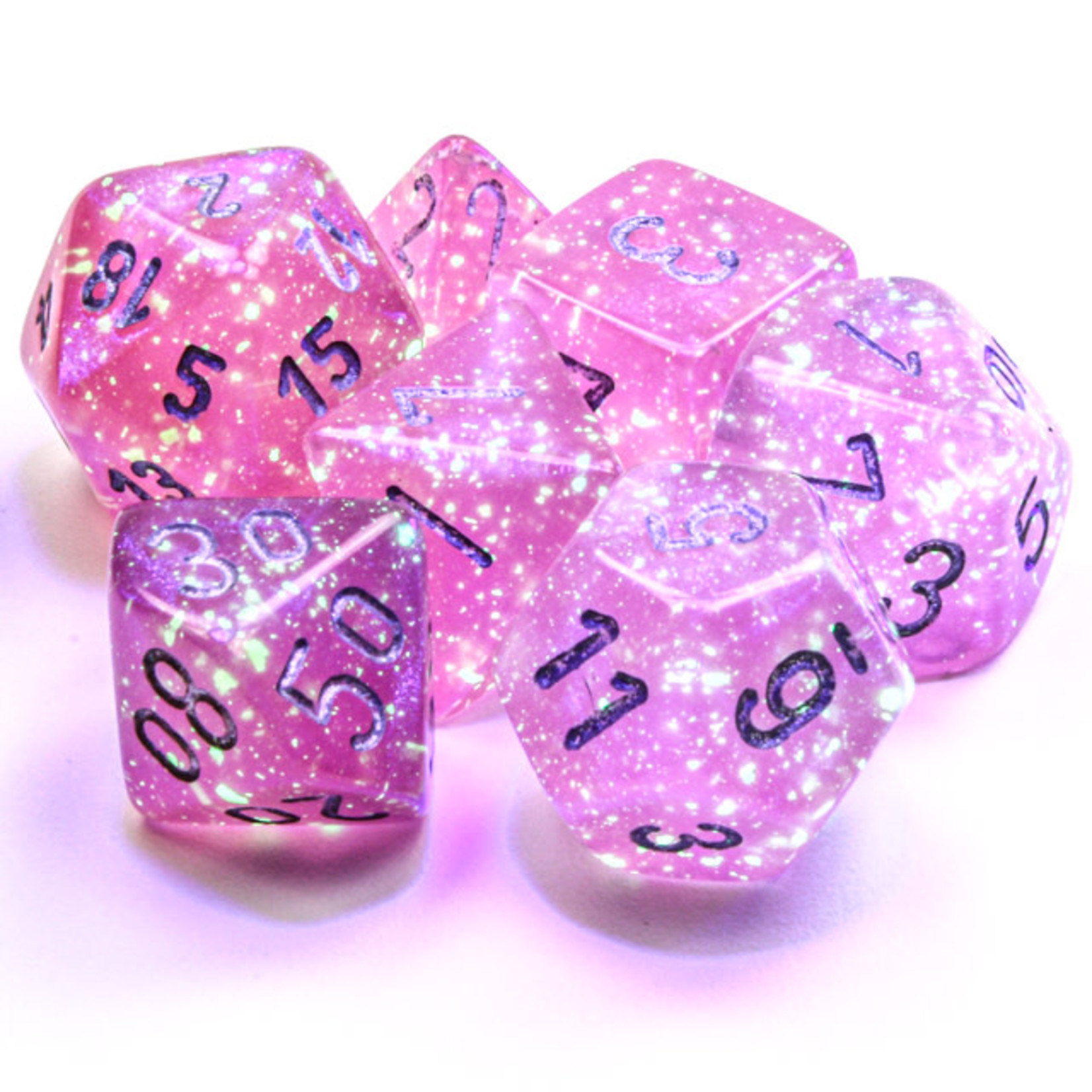 Chessex Borealis Dice: Pink / silver Luminary | 7 Die Polyhedral Set | 27584