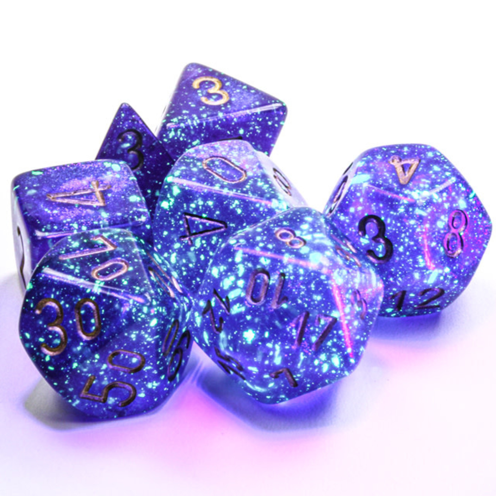 Chessex Borealis Dice: Royal Purple / gold Luminary | 7 Die Polyhedral Set | 27587