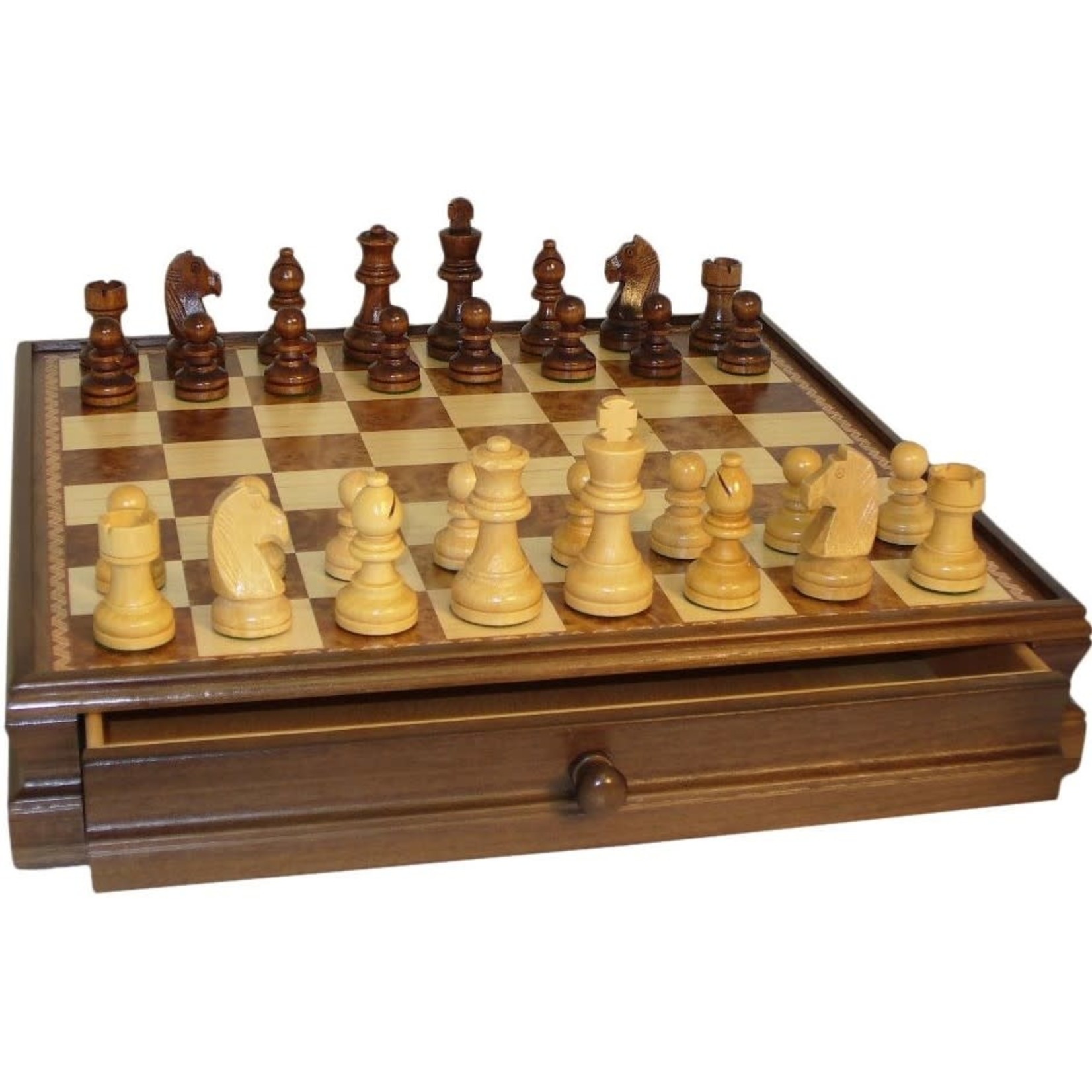Chess Set: Walnut & Maple Wood Inlaid Chest and Chessmen