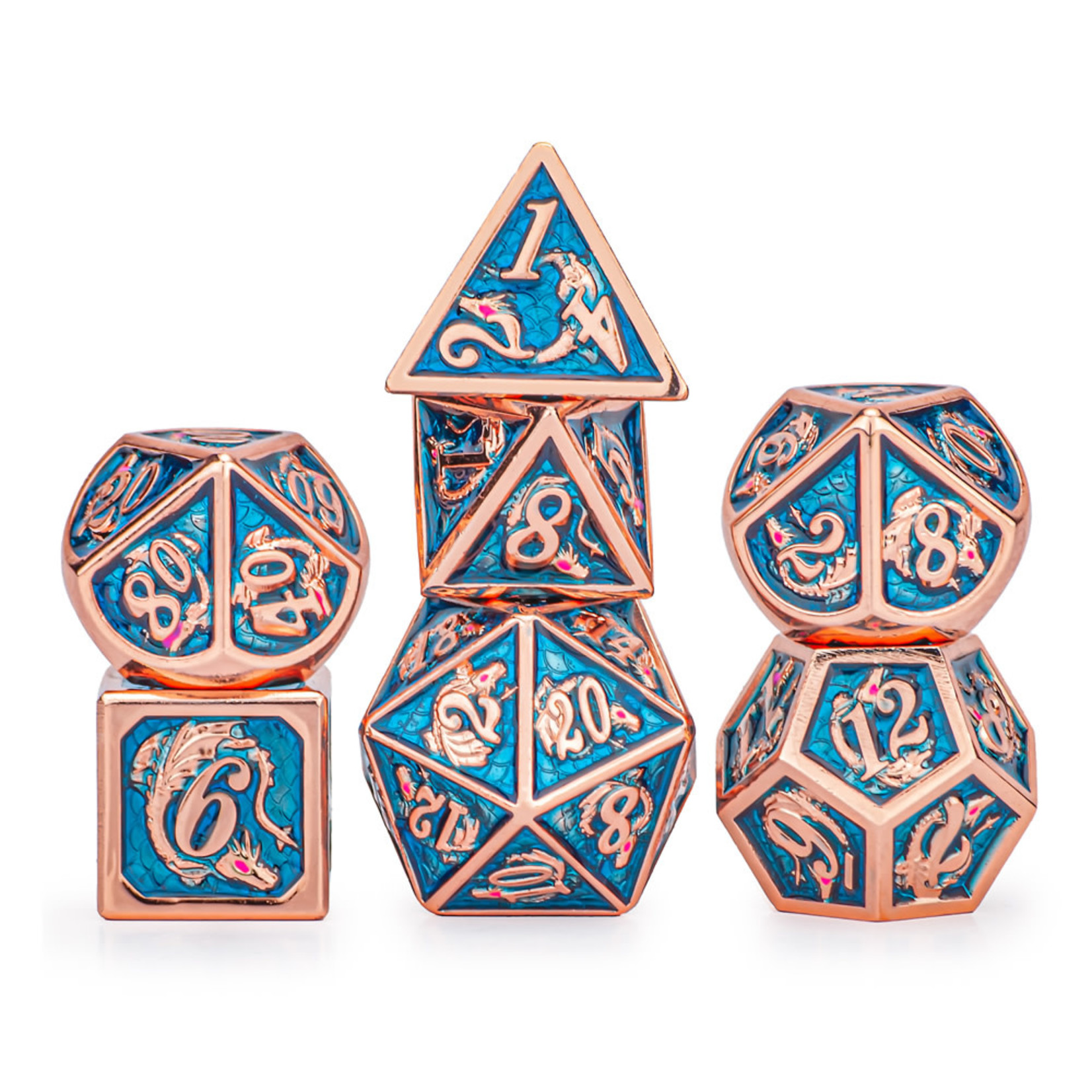 Hymgho Metal Dice: Solid Metal Dragon - Copper with Light Blue