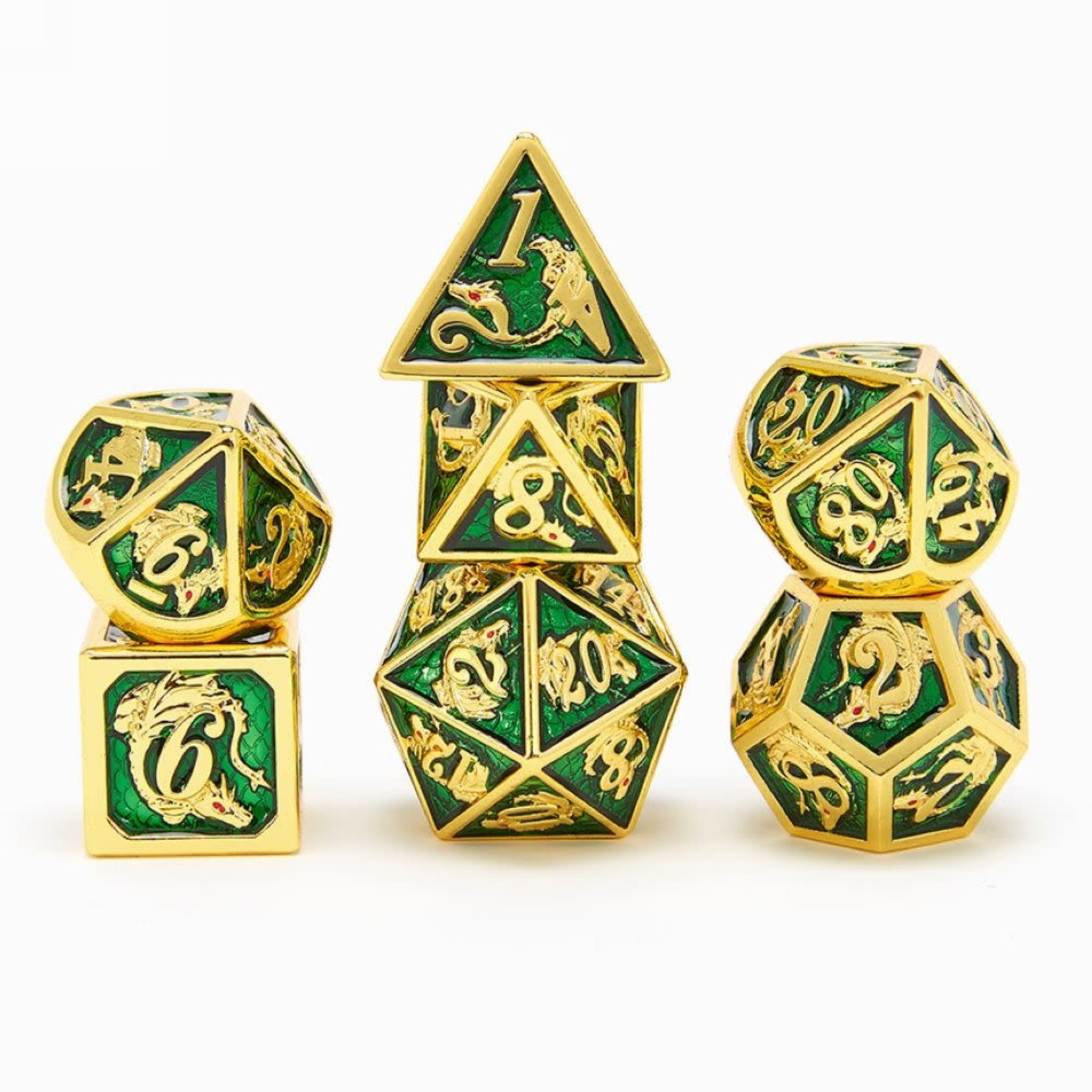 Hymgho Metal Dice: Solid Metal Dragon - Gold with Green