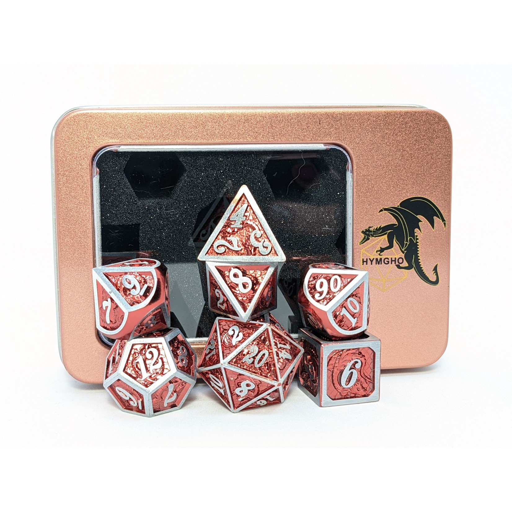 Hymgho Metal Dice: Solid Metal Dragon - Gun Metal and Red