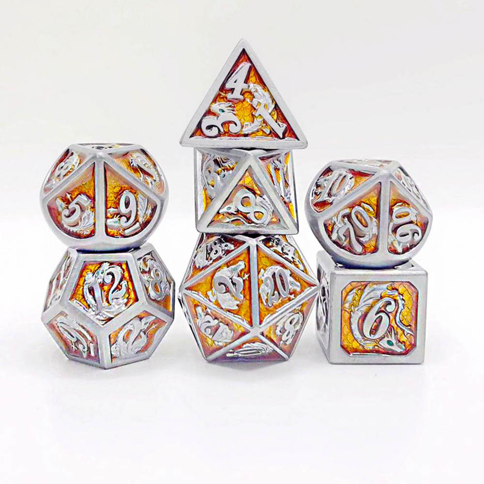Hymgho Metal Dice: Solid Metal Dragon - Pewter with Orange