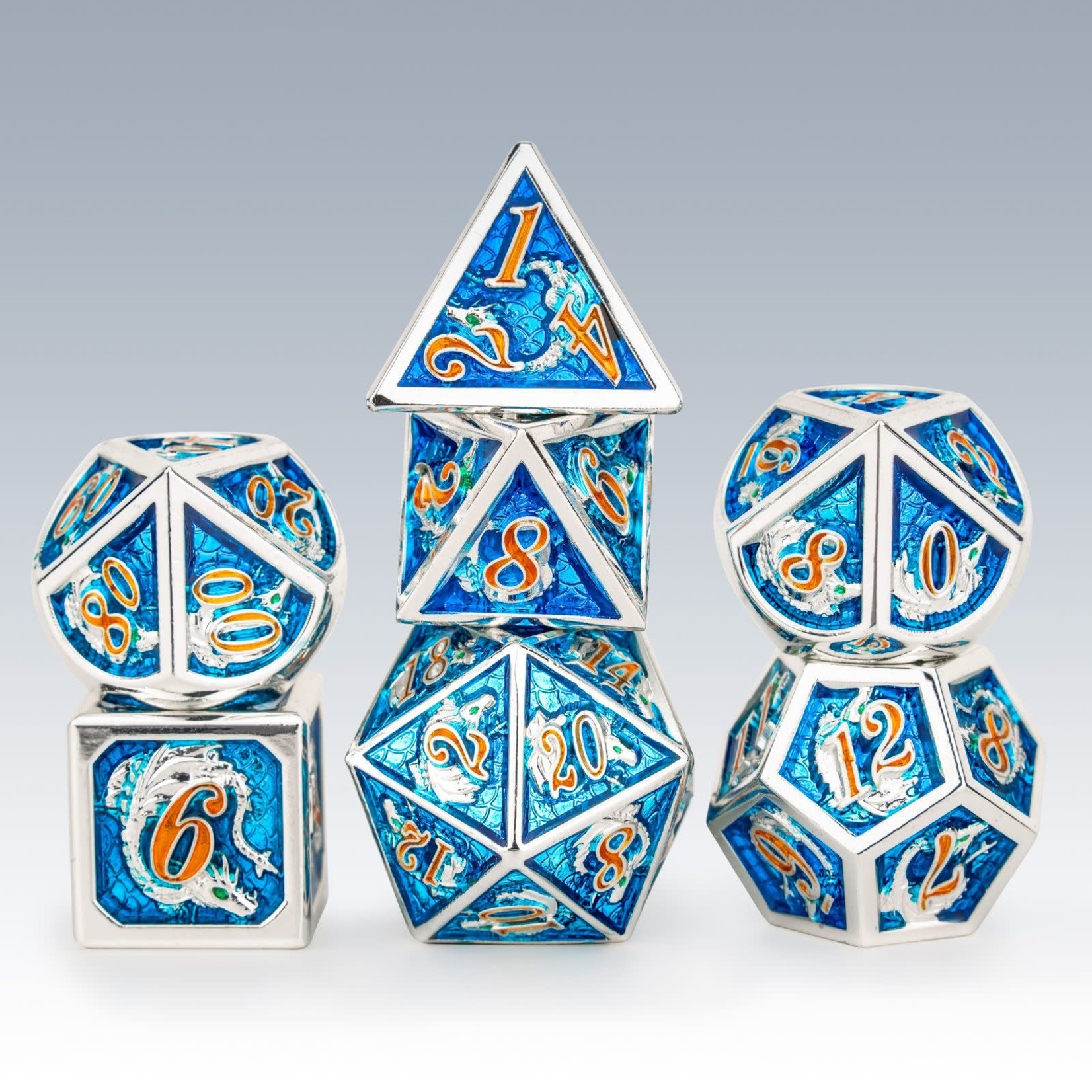 Hymgho Metal Dice: Solid Metal Dragon - Silver and Blue with Red Lettering