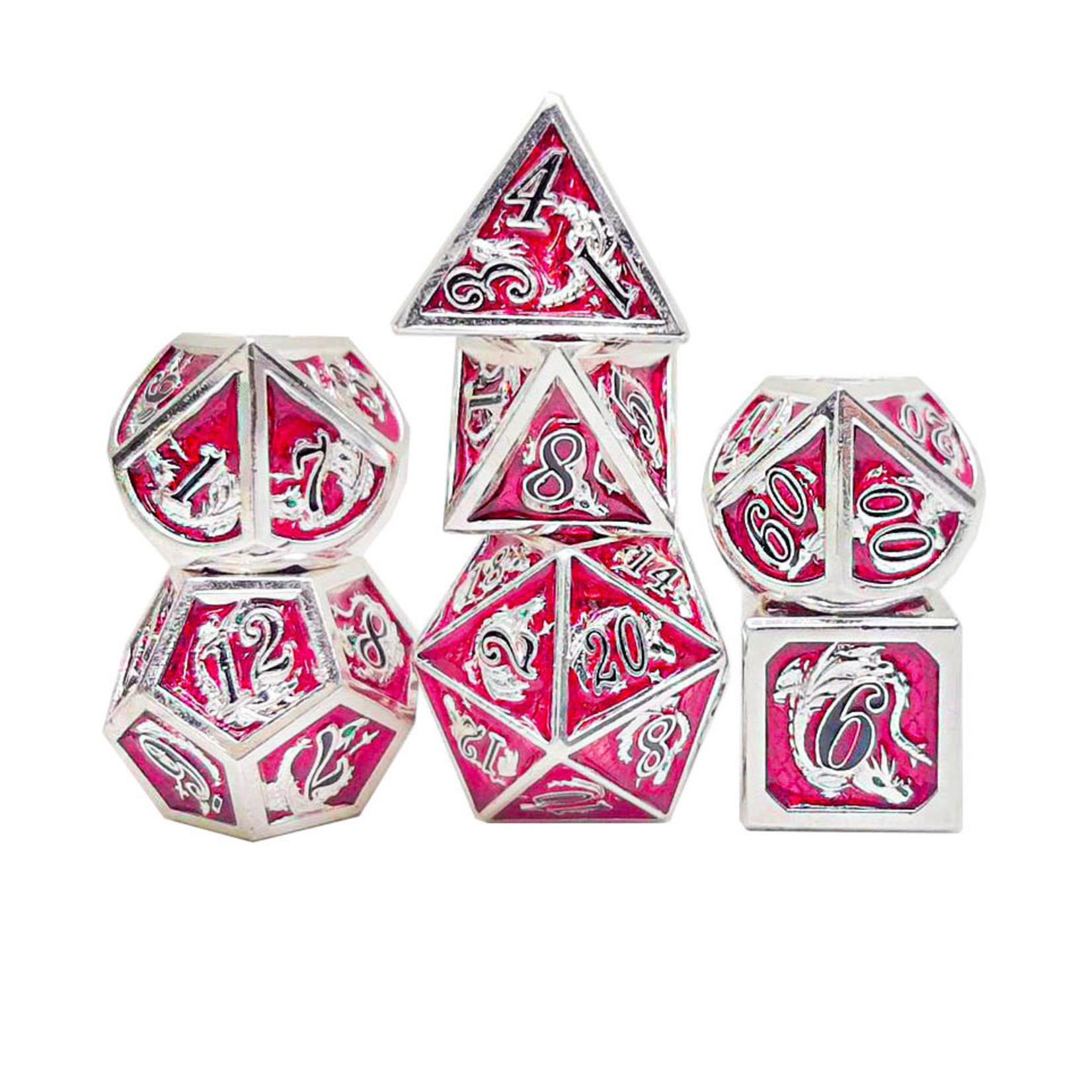 Hymgho Metal Dice: Solid Metal Dragon - Silver and Red with Black Lettering