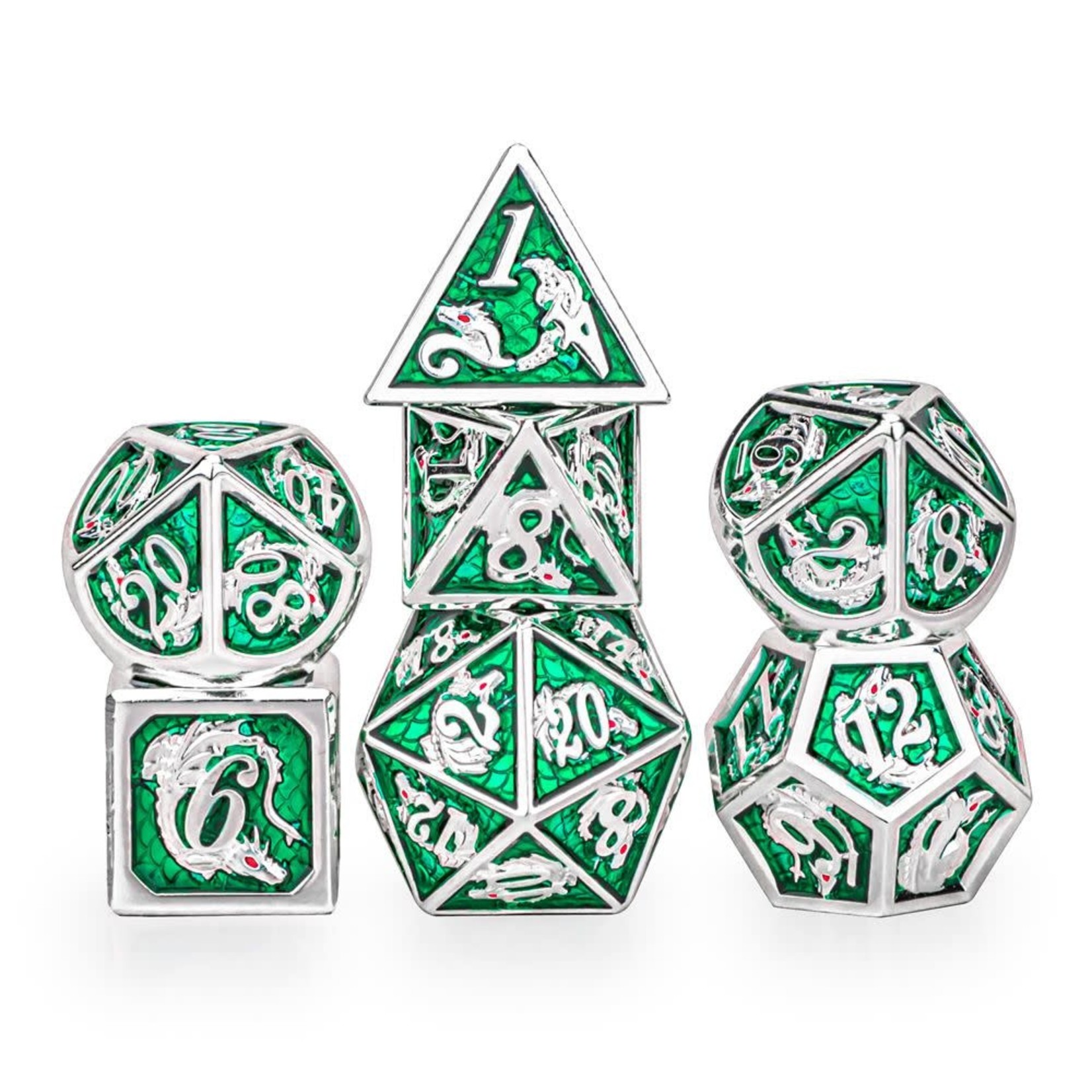 Hymgho Metal Dice: Solid Metal Dragon - Silver with Green