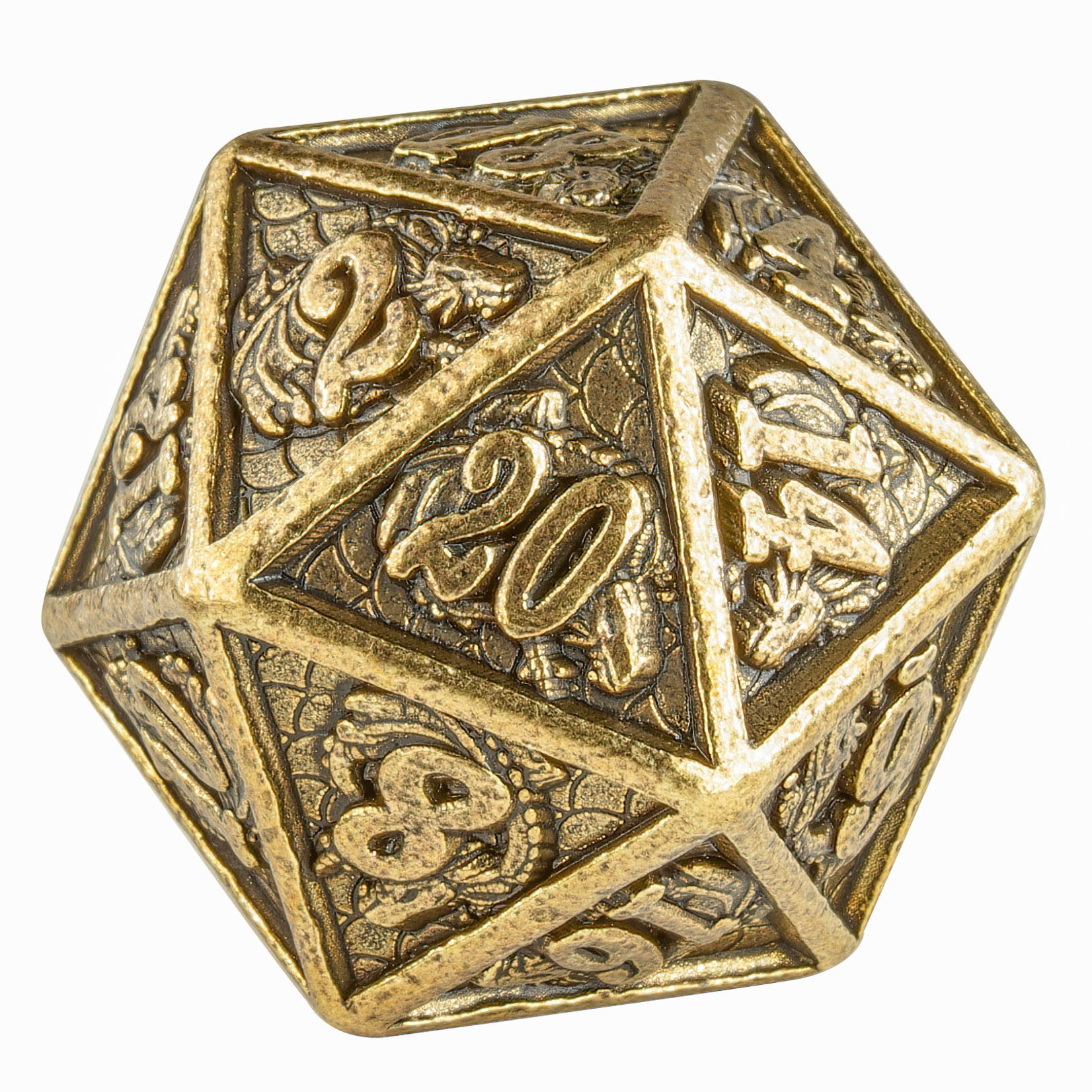 Hymgho Metal Dice: Solid Metal Dragon - Ancient Bronze Single D20 (gold sticker)