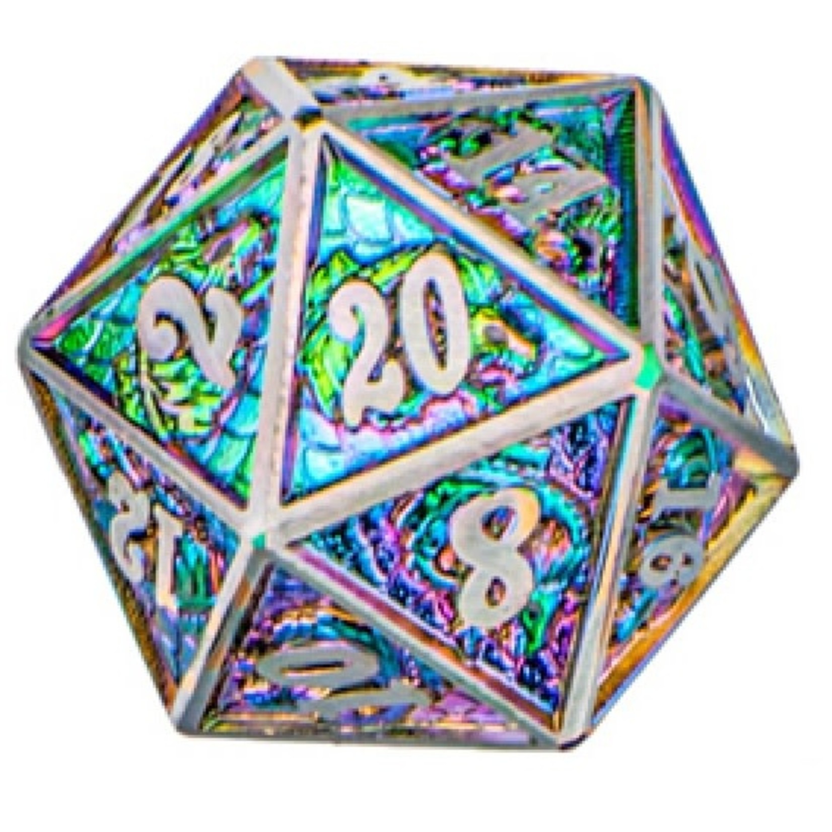 Hymgho Metal Dice: Solid Metal Dragon - Brushed Rainbow Single D20 (pale blue sticker)
