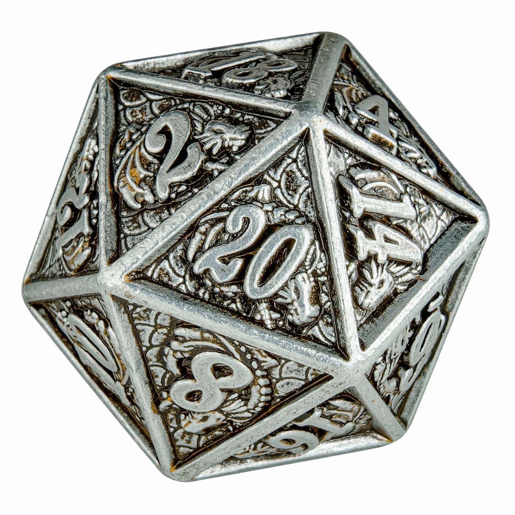Hymgho Metal Dice: Solid Metal Dragon - Antique Iron Single D20 (rust red sticker)
