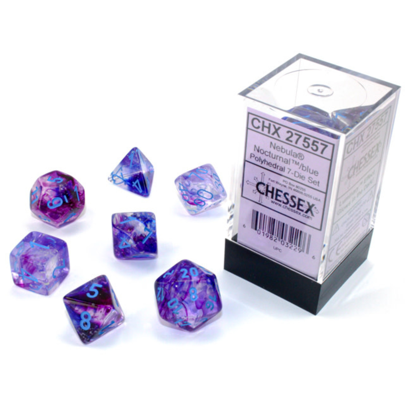 Chessex Nebula Luminary Dice: Nocturnal / Blue | 7 Die Polyhedral Set | 27557