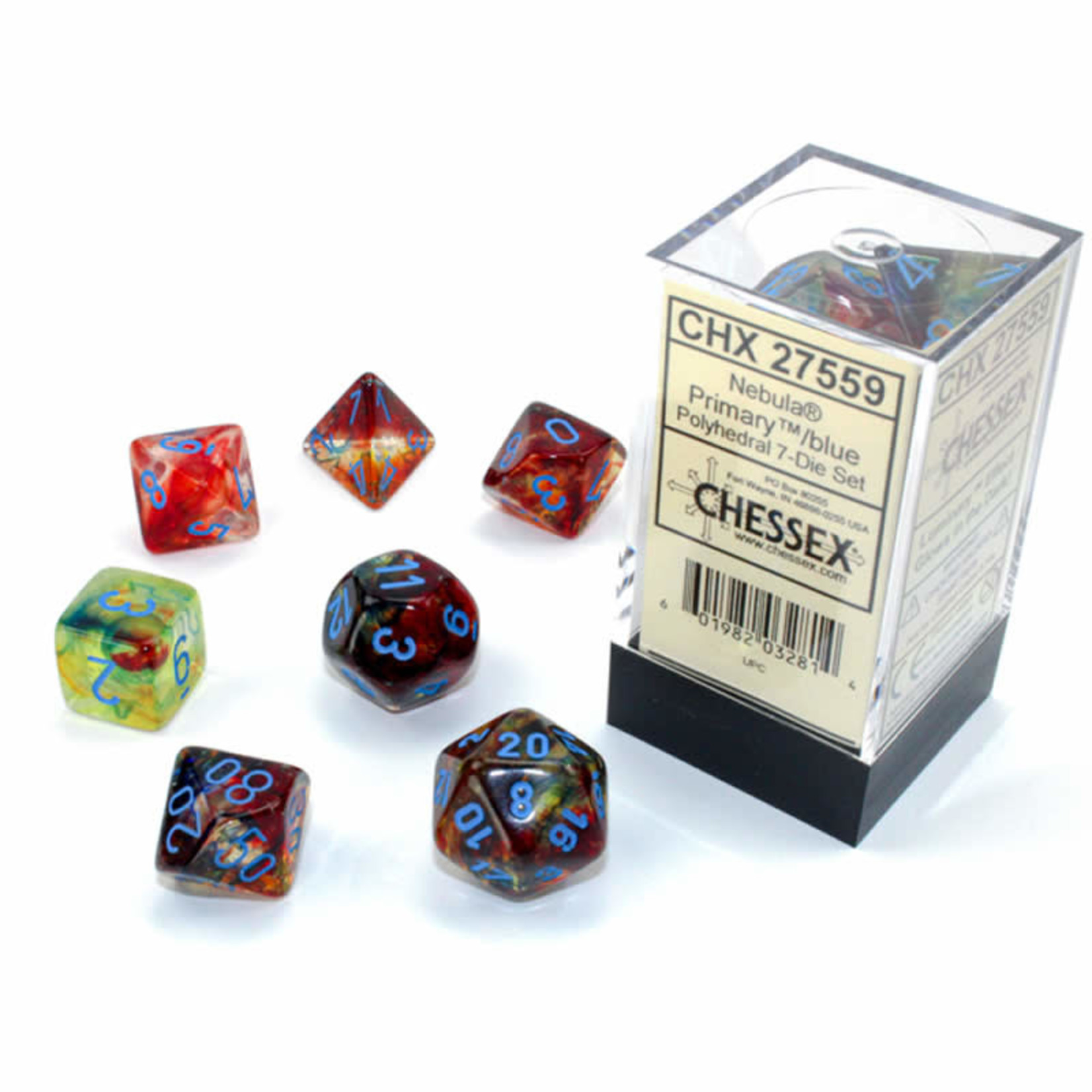 Chessex Nebula Luminary Dice: Primary / Blue | 7 Die Polyhedral Set | 27559