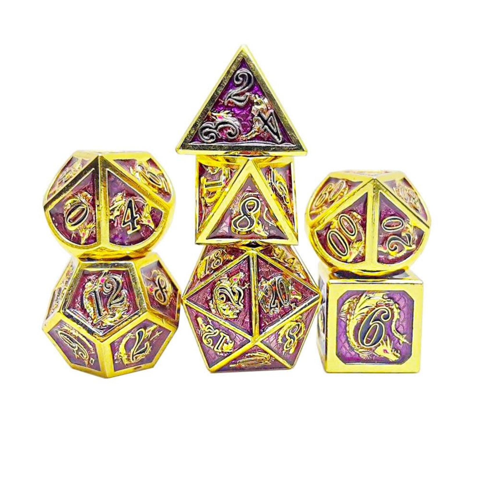 Hymgho Metal Dice: Solid Metal Dragon - Gold with Purple