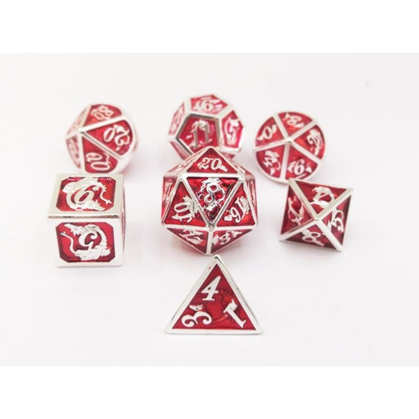 Hymgho Metal Dice: Solid Metal Dragon - Silver with Red