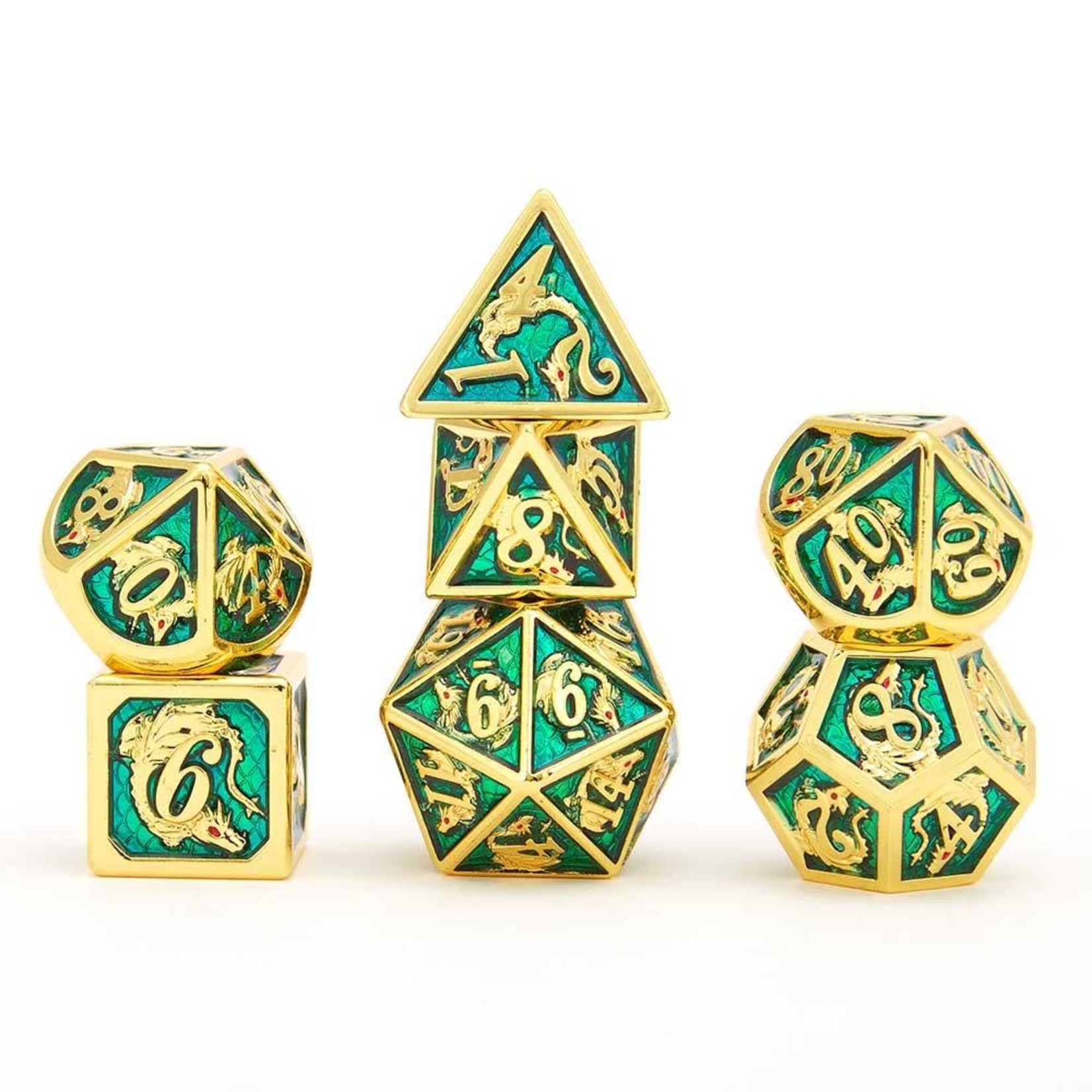 Hymgho Metal Dice: Solid Metal Dragon - Gold with Light Blue