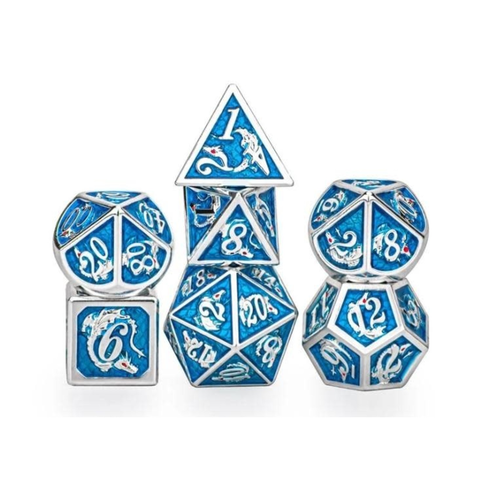 Hymgho Metal Dice: Solid Metal Dragon - Silver with Blue