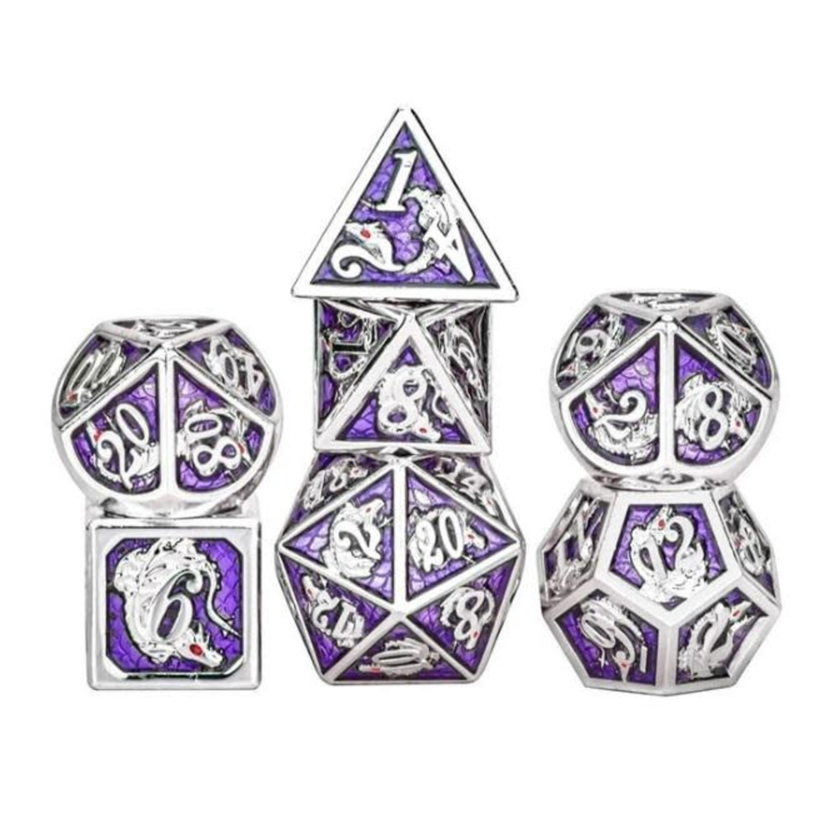 Hymgho Metal Dice: Solid Metal Dragon - Silver with Purple
