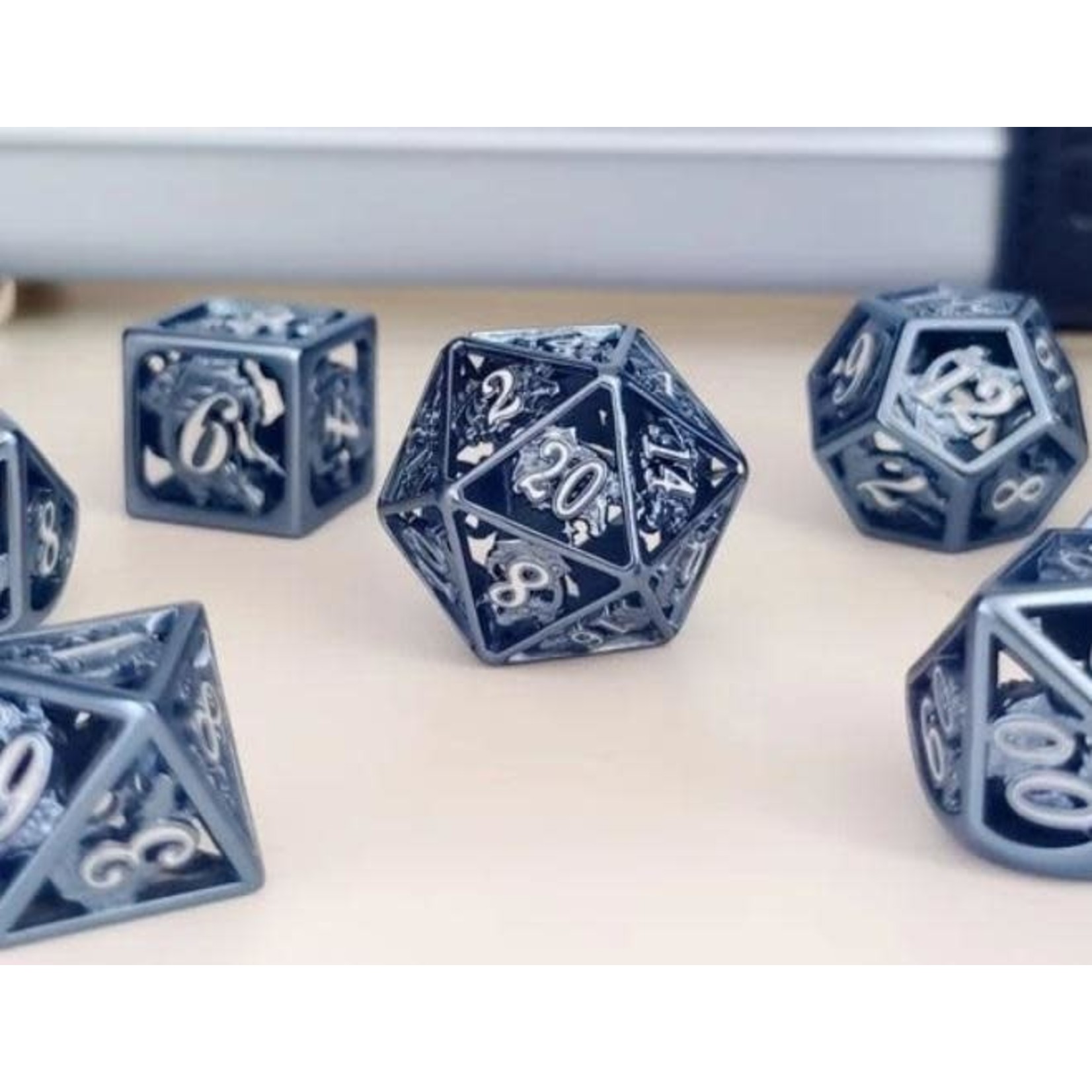 Hymgho Metal Dice: Hollow Metal Dragon - Blue with White Enamel