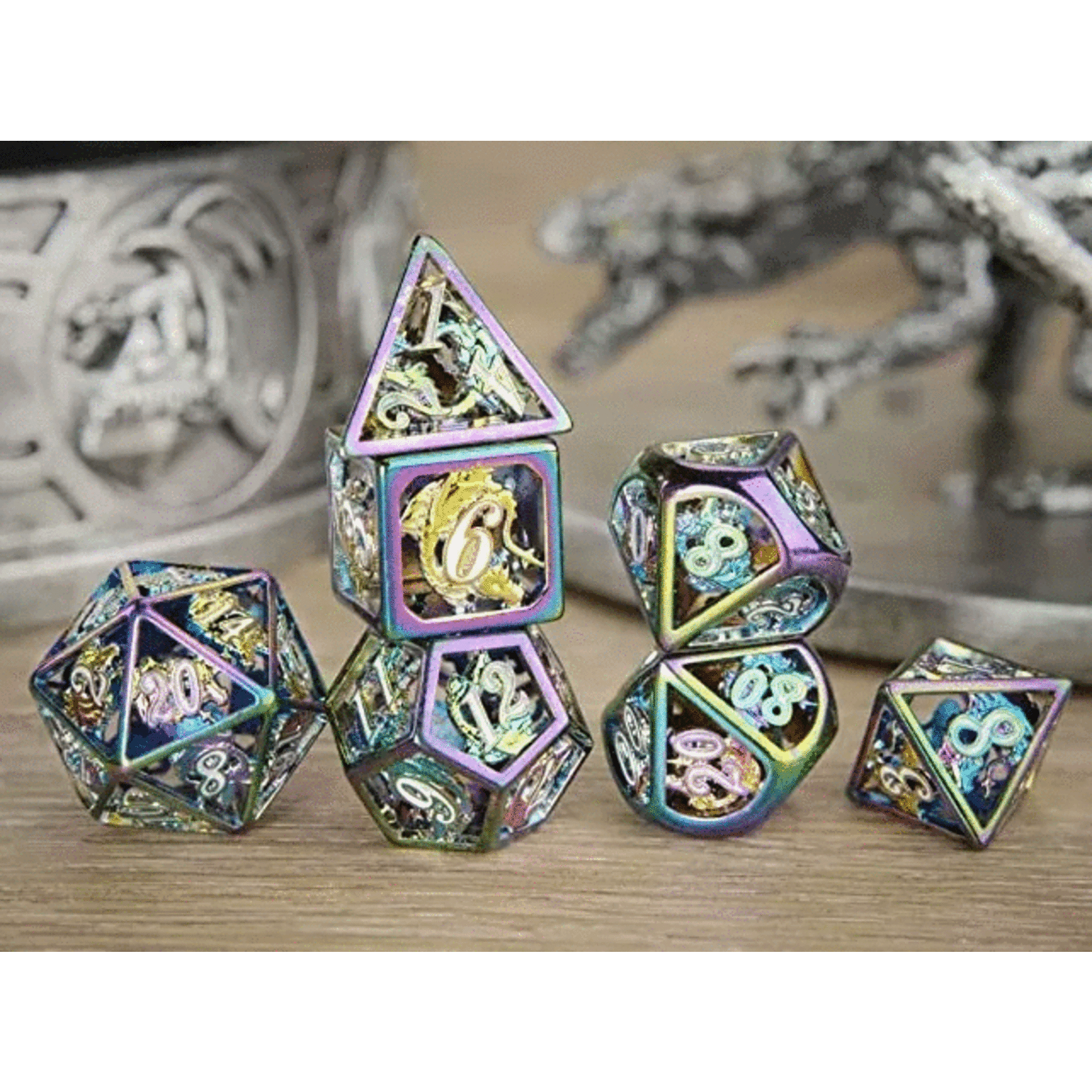 Hymgho Metal Dice: Hollow Metal Dragon - Rainbow with White Enamel
