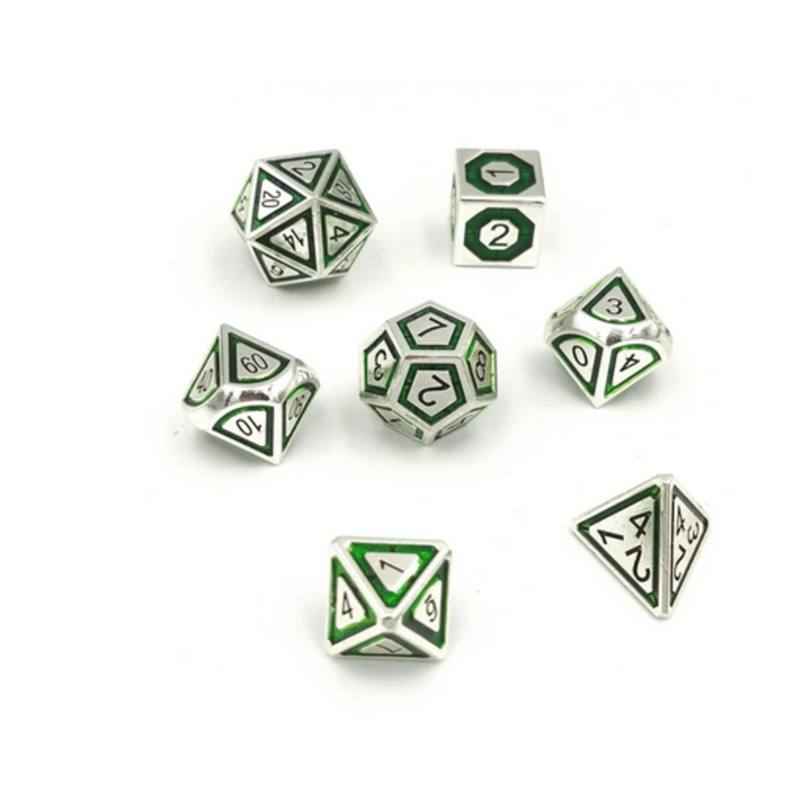 Hymgho Metal Dice: Solid Metal Leyline - Silver with Green Chrome Inlay