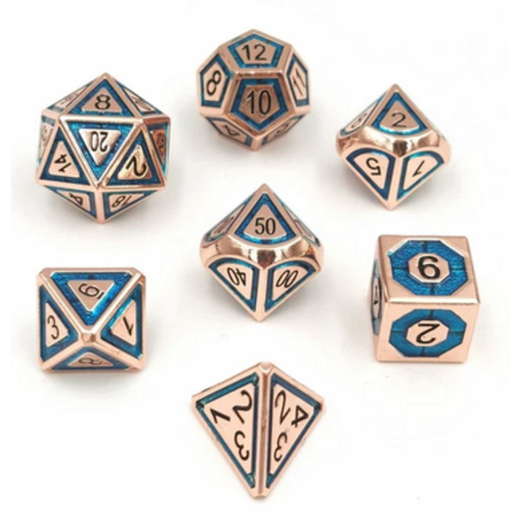 Hymgho Metal Dice: Solid Metal Leyline - Rose Gold with Blue Chrome Inlay