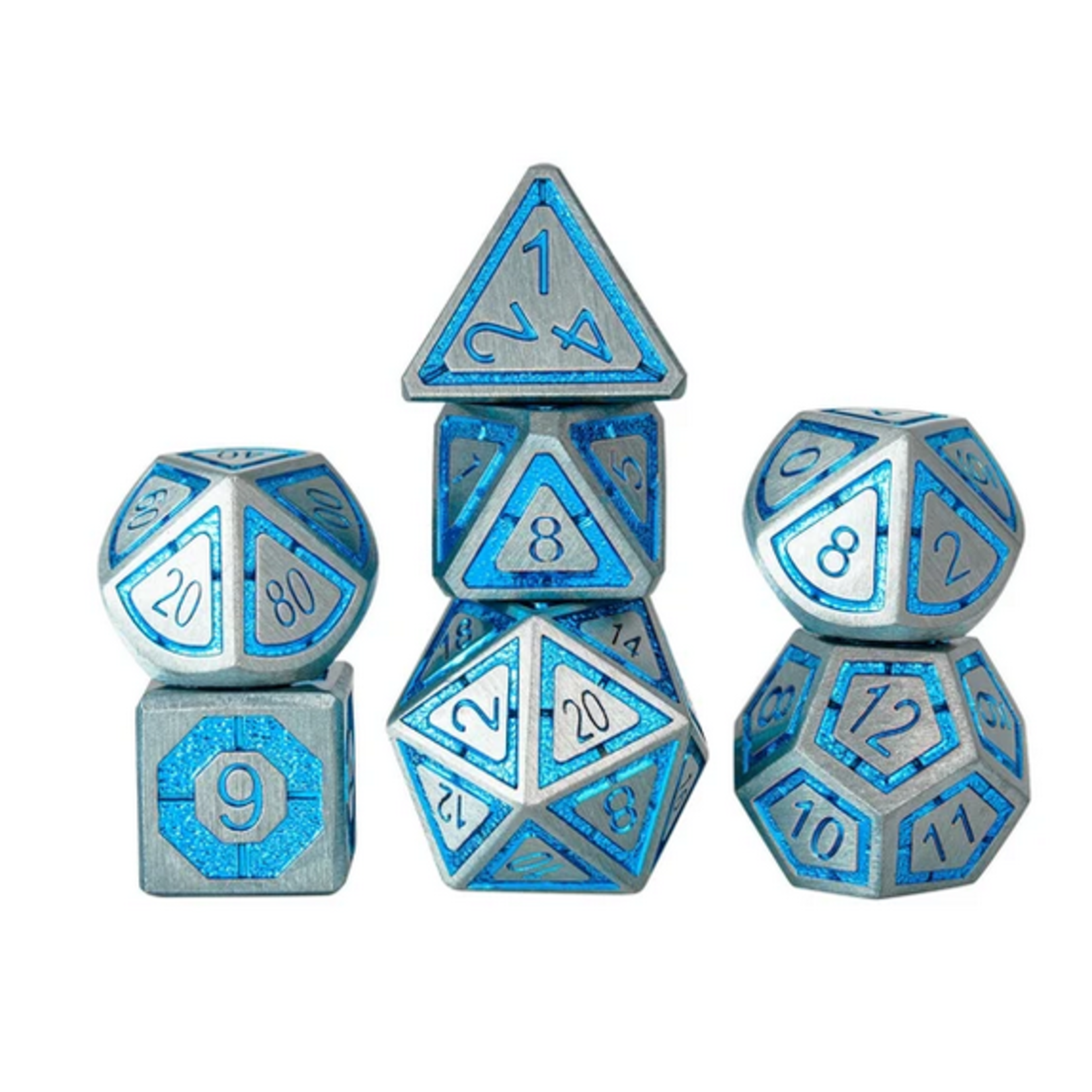 Hymgho Metal Dice: Solid Metal Leyline - Silver with Blue Chrome Inlay