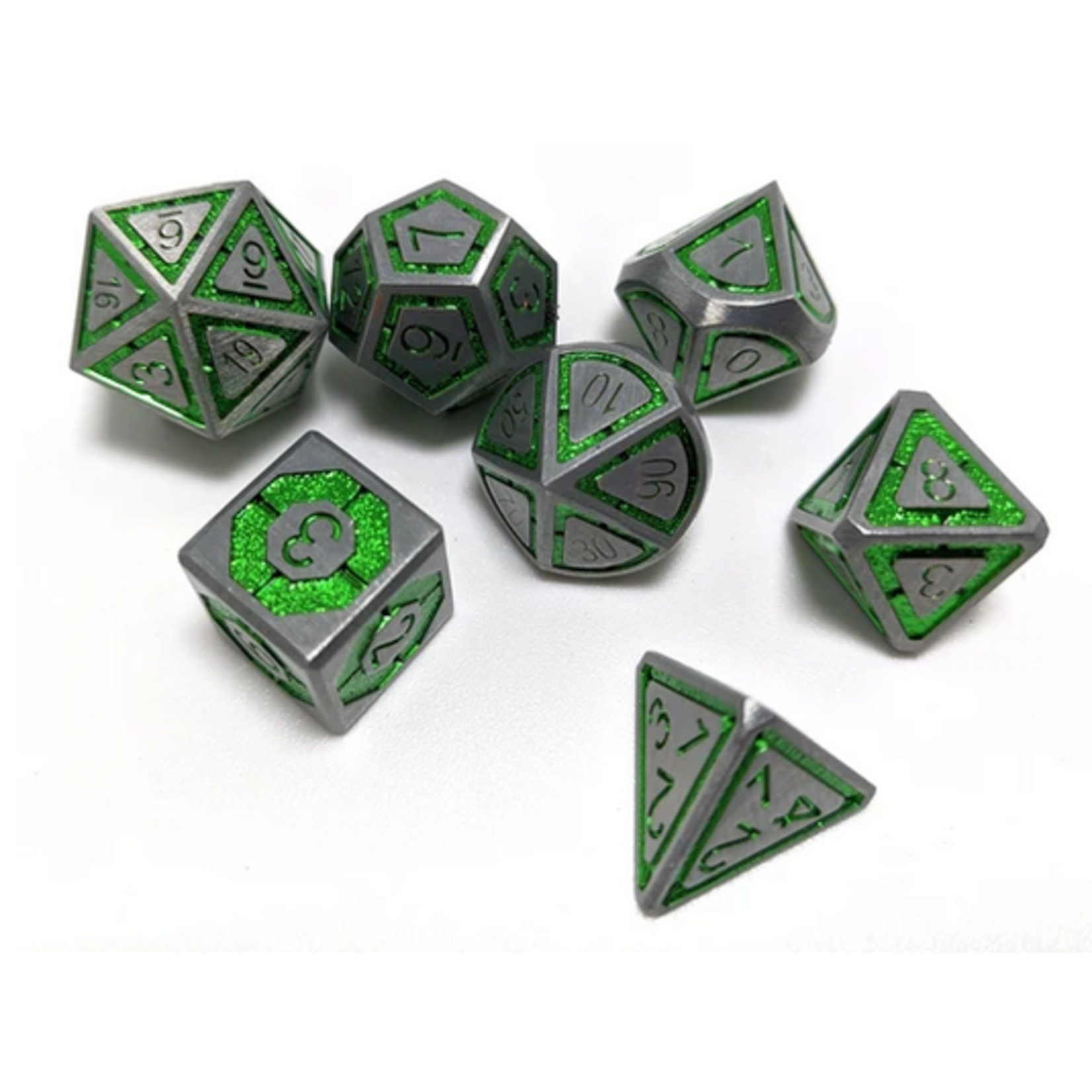 Hymgho Metal Dice: Solid Metal Leyline - Gunmetal with Green Chrome Inlay