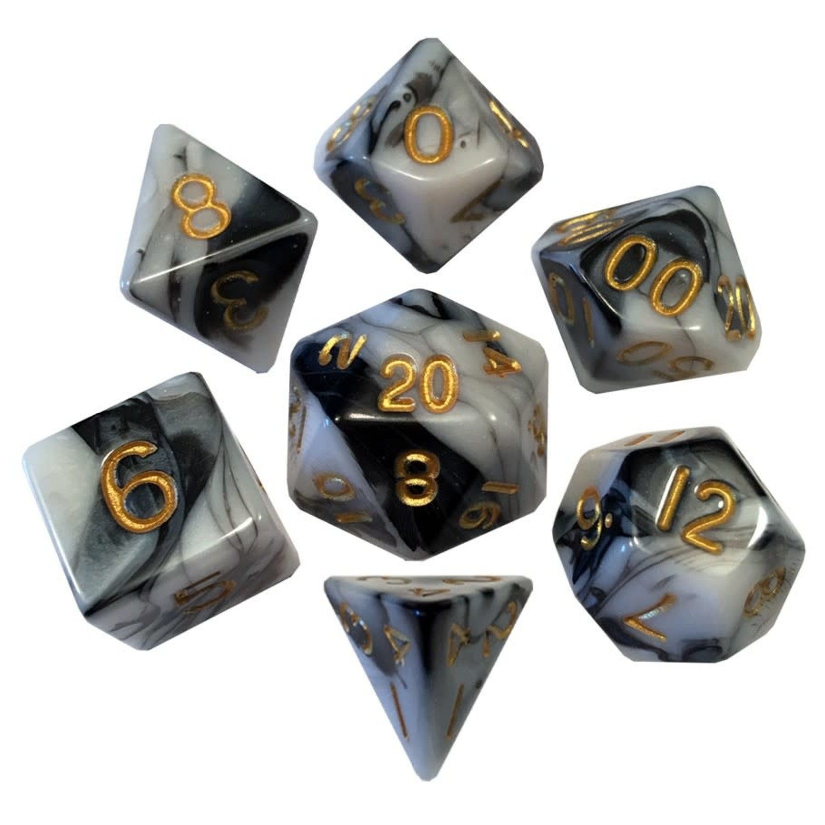 MDG Acrylic Dice: Black/White/Gold | 7 Die Polyhedral Set