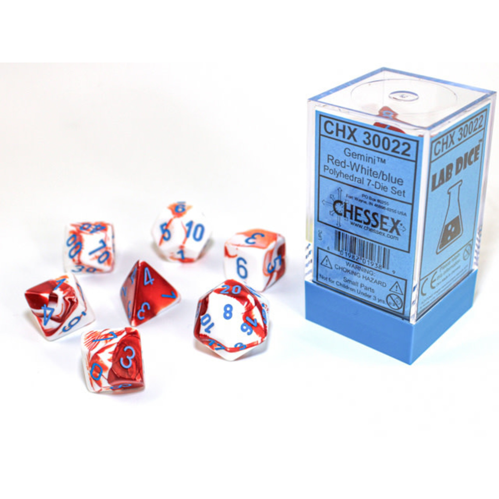 Chessex Lab Dice Gemini - Red-White / Blue | 7 Die Polyhedral Set | 30022
