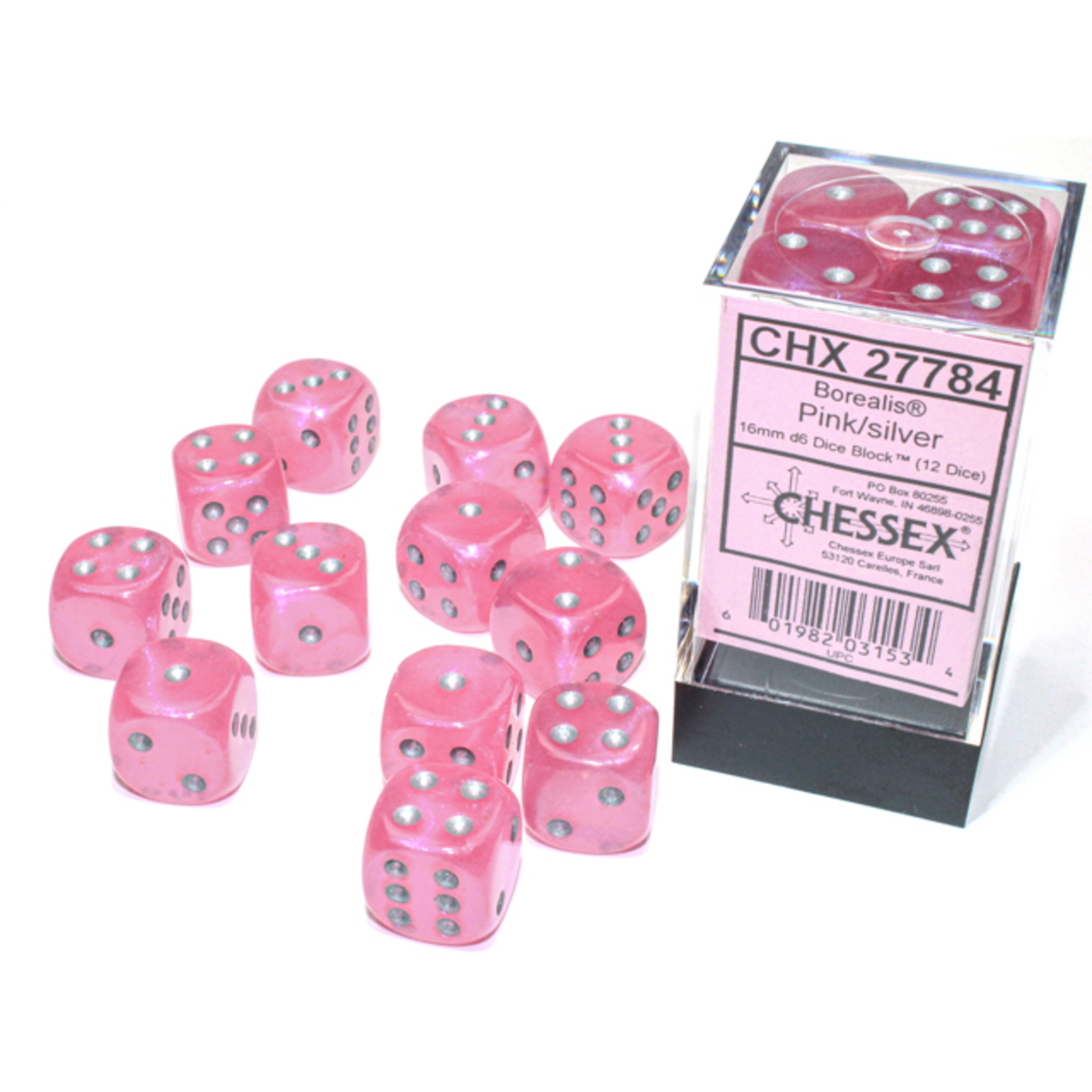 Chessex Borealis Luminary Dice: Pink / silver | 16mm d6 Dice Block | 27784