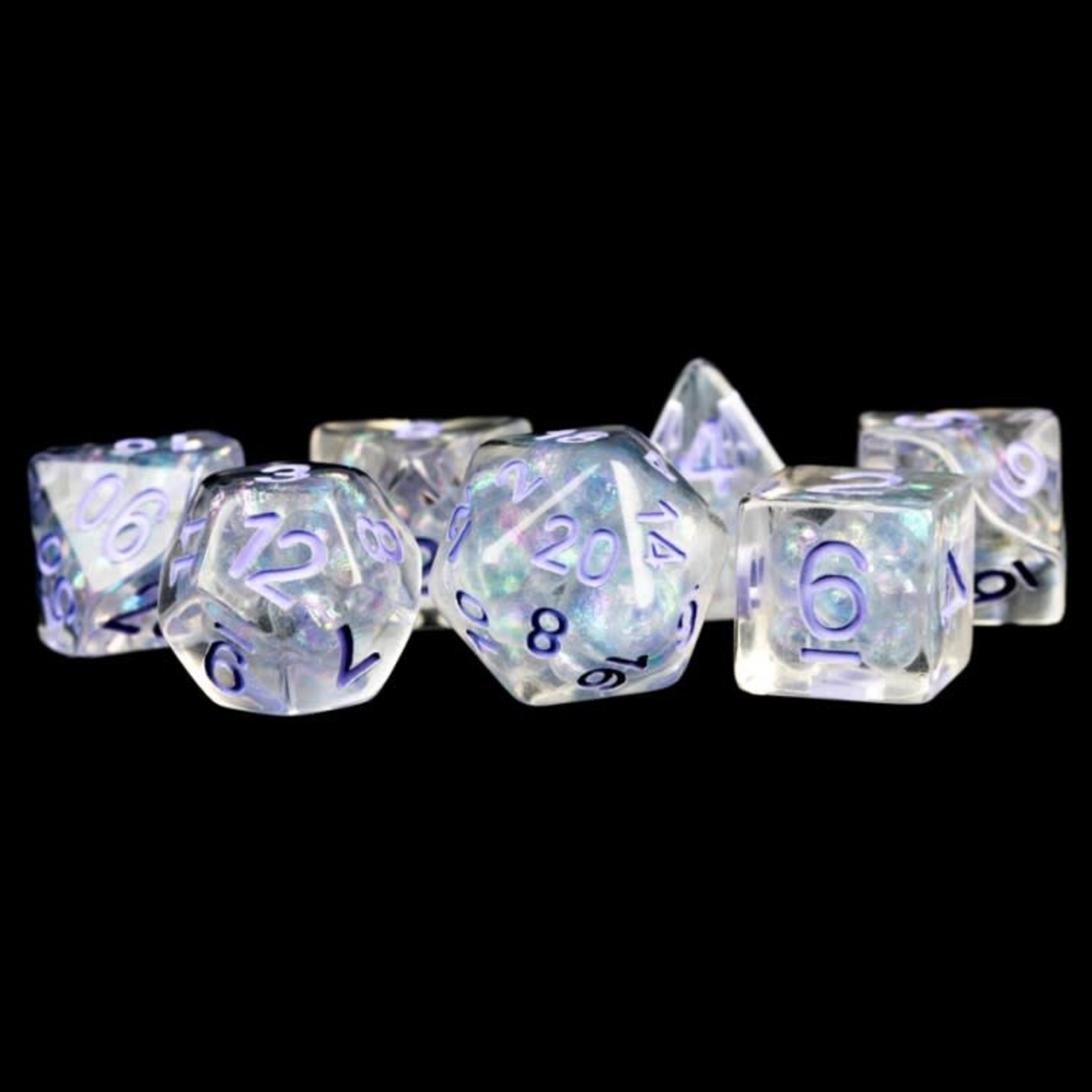 MDG Resin: Pearl with Purple Numbers | 16mm 7 Die Polyhedral Set MET 689