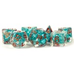 MDG Resin: Teal  with Copper Numbers | 16mm 7 Die Polyhedral Set MET 690
