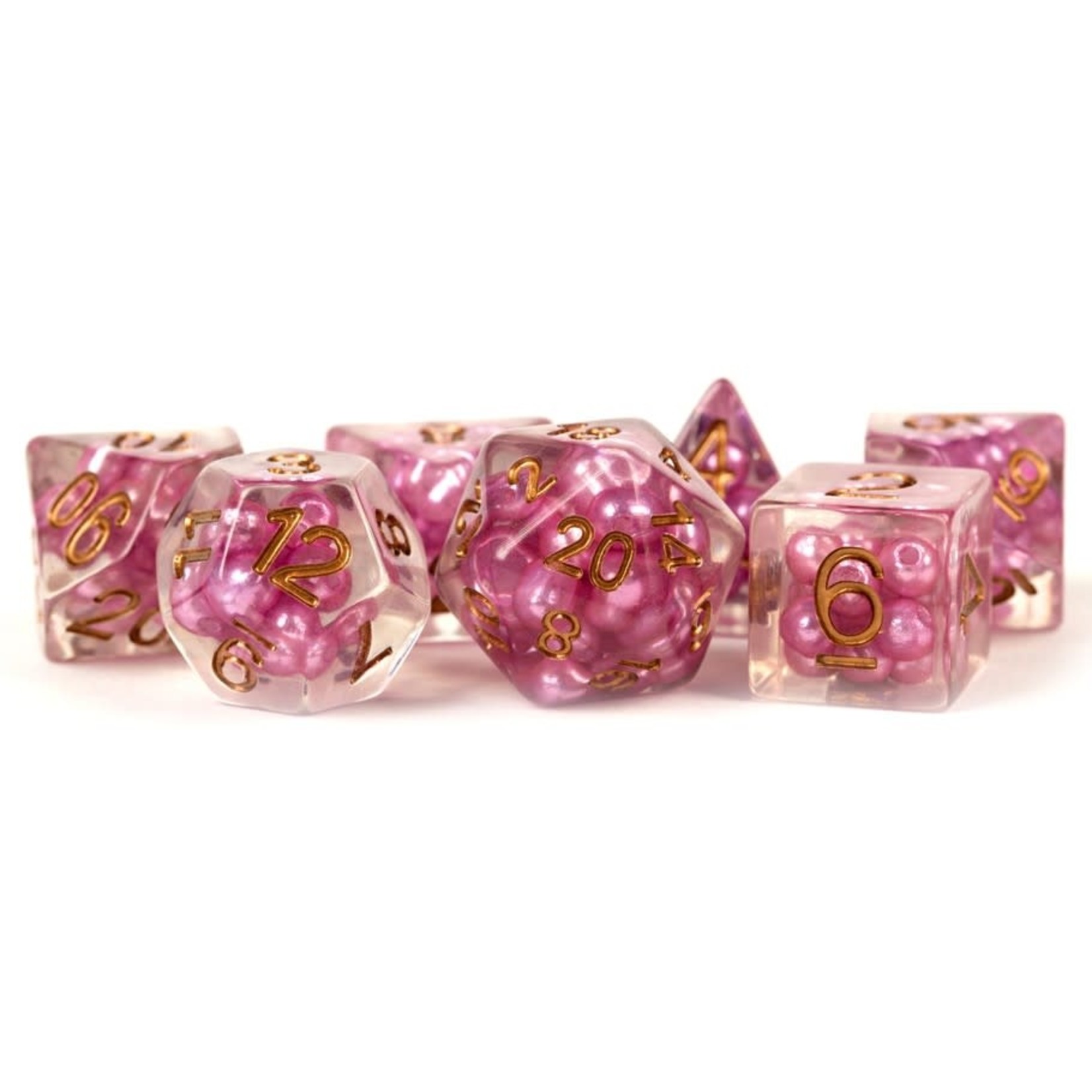 MDG Resin: Pink with Copper Numbers | 16mm 7 Die Polyhedral Set MET 691