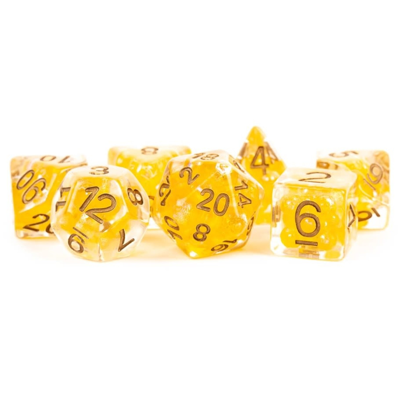 MDG Resin: Pearl Citrine with Copper Numbers  | 16mm 7 Die Polyhedral Set MET 696