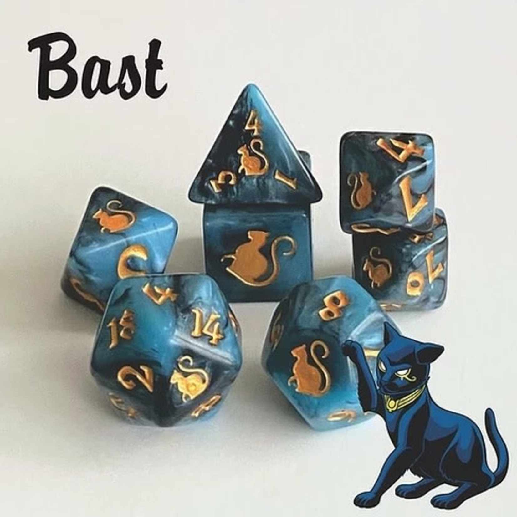 Oversize Dice: Kitty-Clacks -  Bast Blue/Black w/ Gold Ink | 19mm - 23mm | 7 Die Polyhedral Set