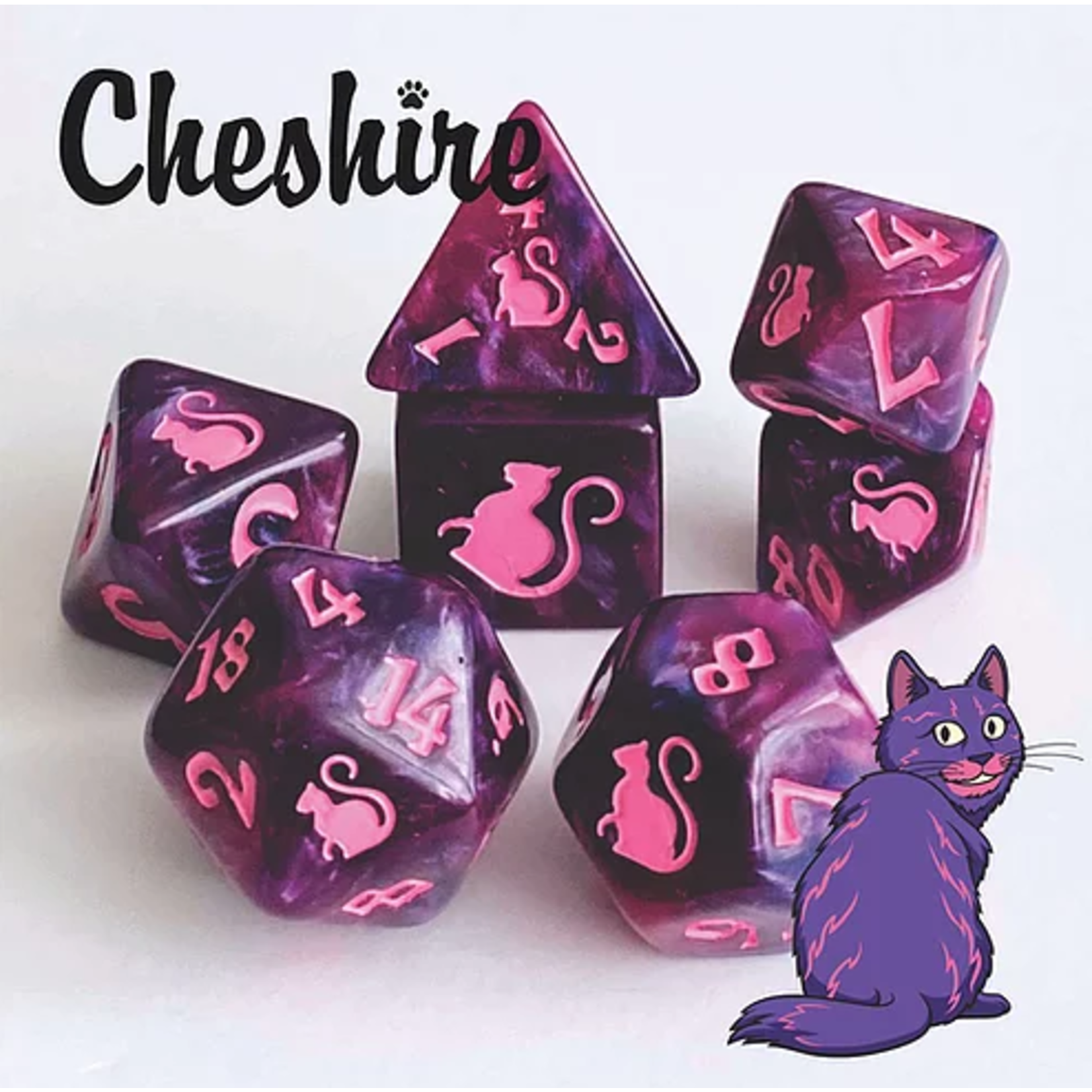 Oversize Dice: Kitty-Clacks -  Cheshire Swirly Purple w/ Pink Ink | 19mm - 23mm | 7 Die Polyhedral Set