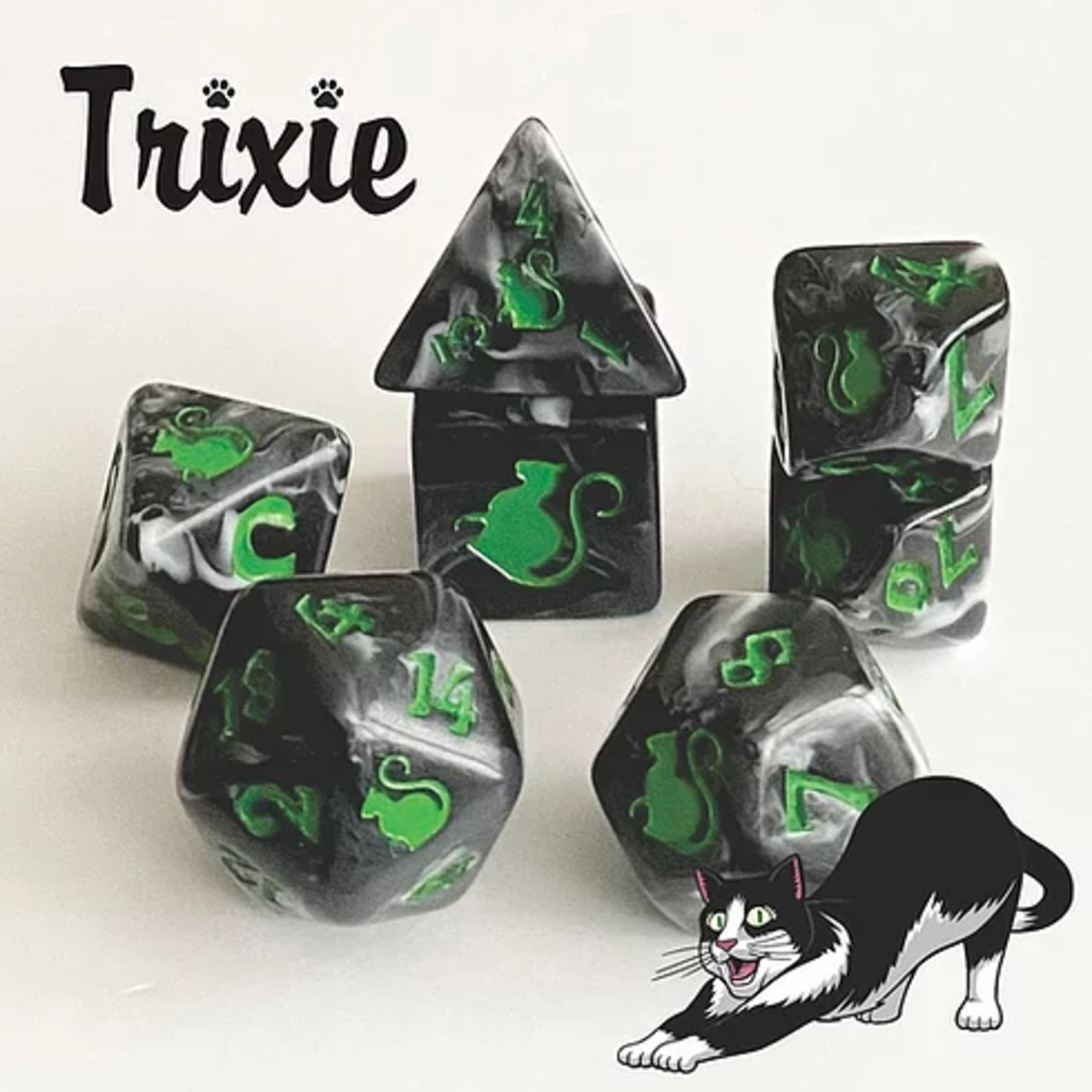 Oversize Dice: Kitty-Clacks -  Trixie Black/Silver w/ Green Ink | 19mm - 23mm | 7 Die Polyhedral Set