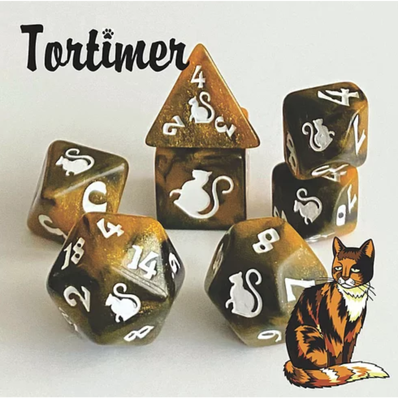 Oversize Dice: Kitty-Clacks -  Tortimer Gold/Black w/ White Ink| 19mm - 23mm | 7 Die Polyhedral Set