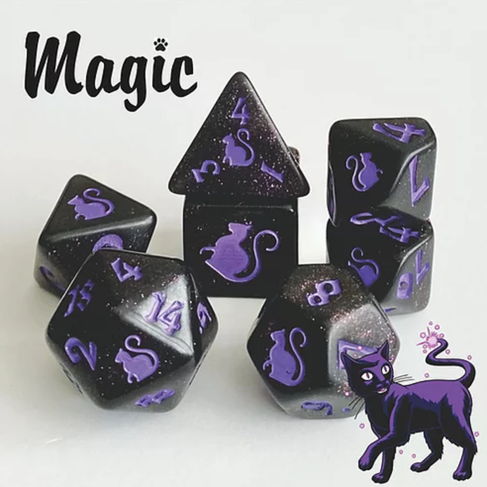 Oversize Dice: Kitty-Clacks -  Magic Black w/ Purple Ink| 19mm - 23mm | 7 Die Polyhedral Set