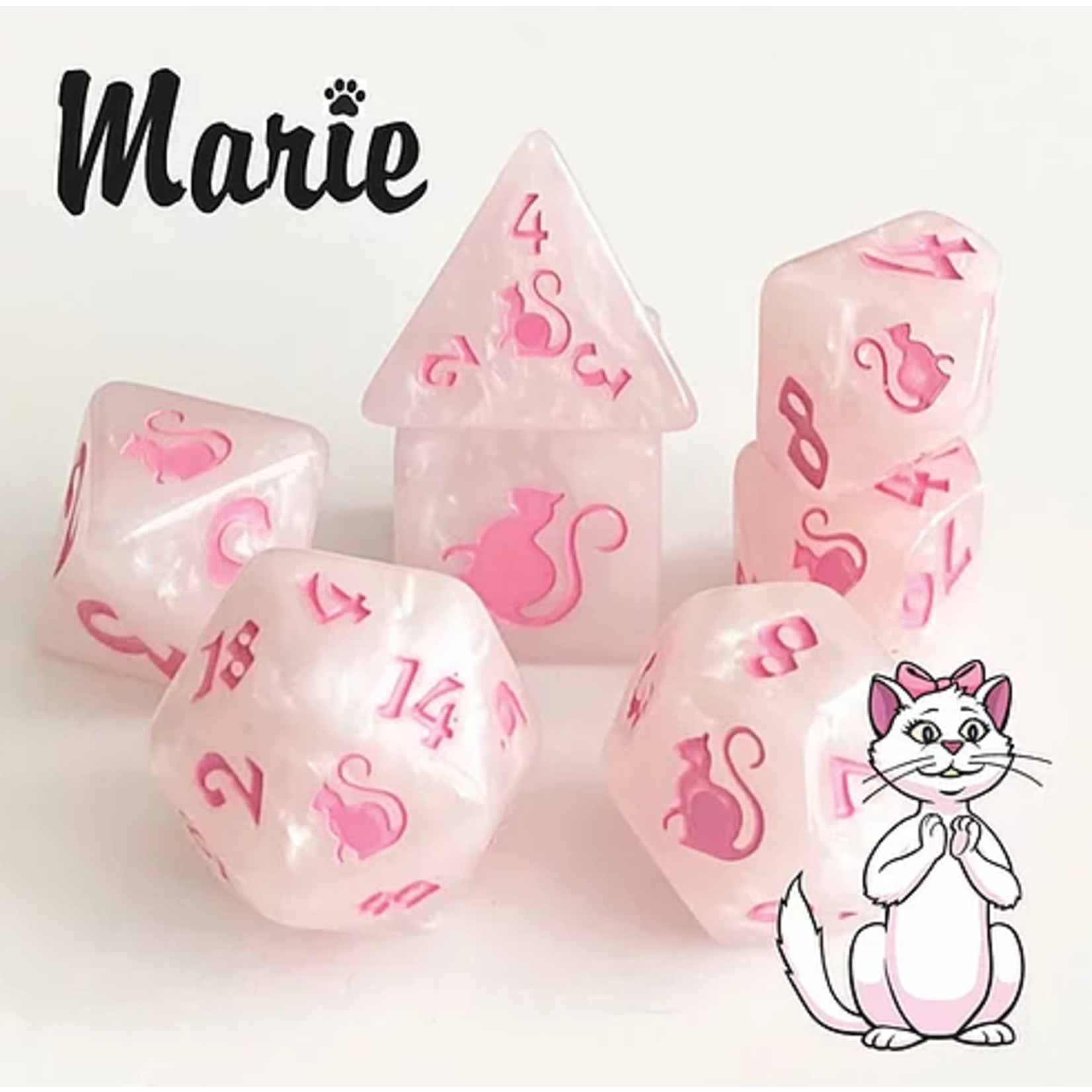 Oversize Dice: Kitty-Clacks -  Marie White w/ Pink Ink | 19mm - 23mm | 7 Die Polyhedral Set