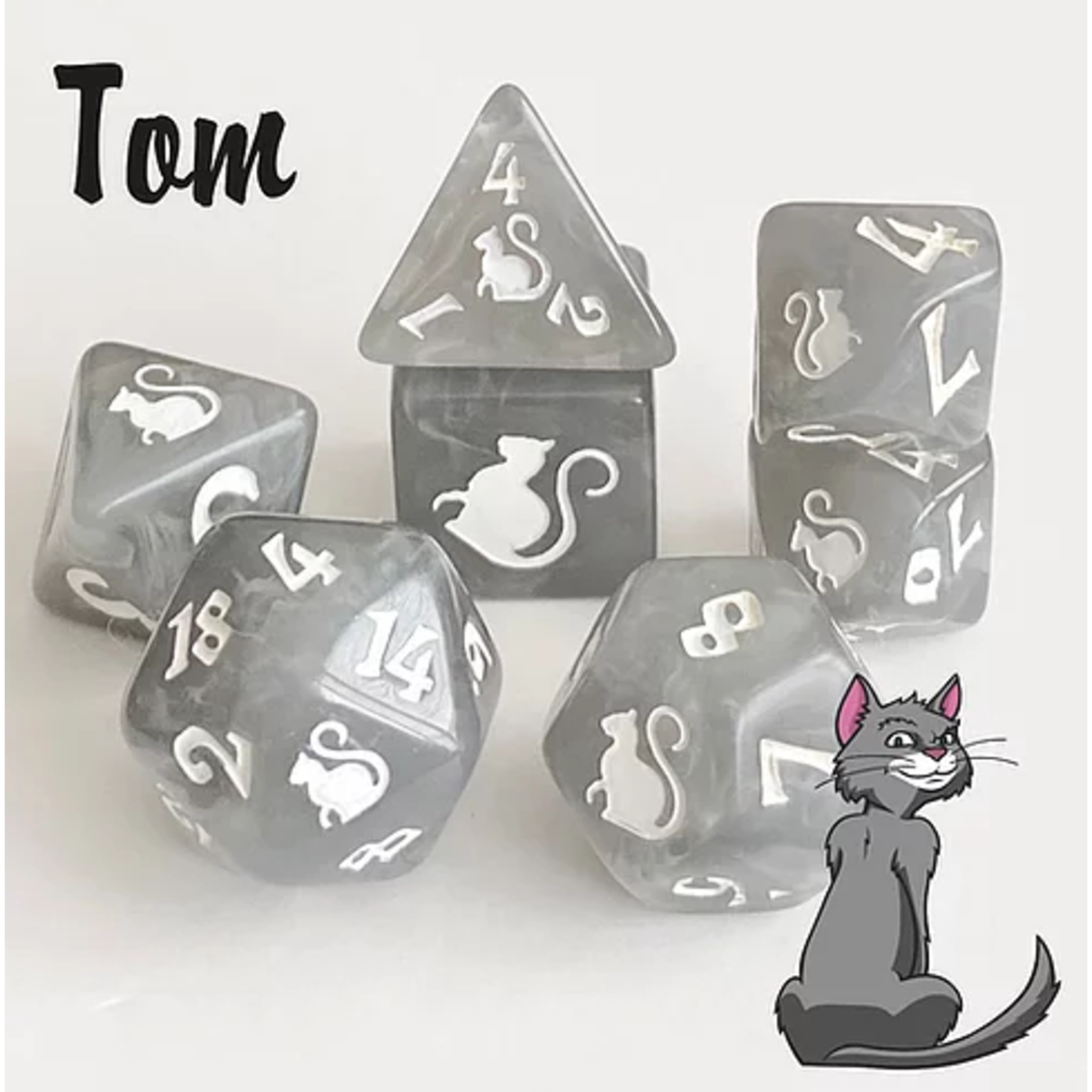Oversize Dice: Kitty-Clacks -  Tom Smoky Grey w/ White Ink | 19mm - 23mm | 7 Die Polyhedral Set