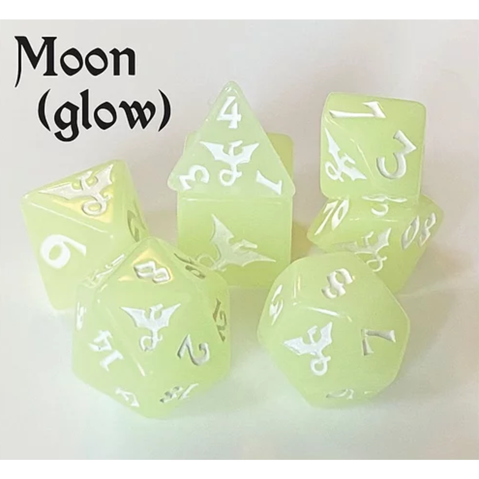 Oversize Dice: Dragons - Moon Glow In The Dark w/ White Ink Dragon | 19mm - 23mm | 7 Die Polyhedral Set