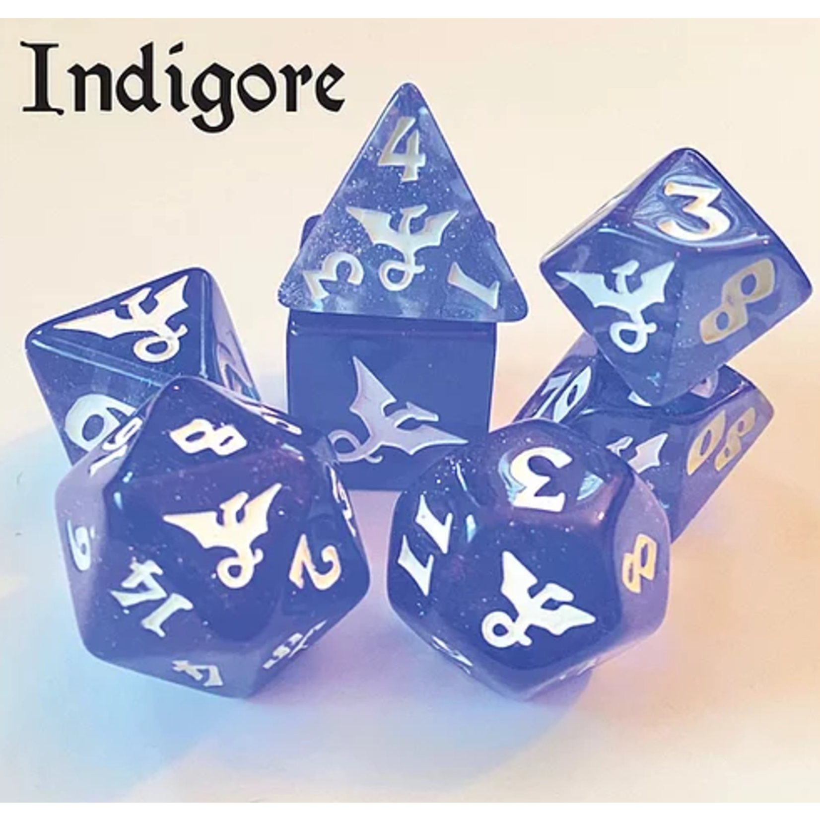 Oversize Dice: Dragons - Indigore Indigo Glitter w/  White Ink Dragon | 19mm - 23mm | 7 Die Polyhedral Set