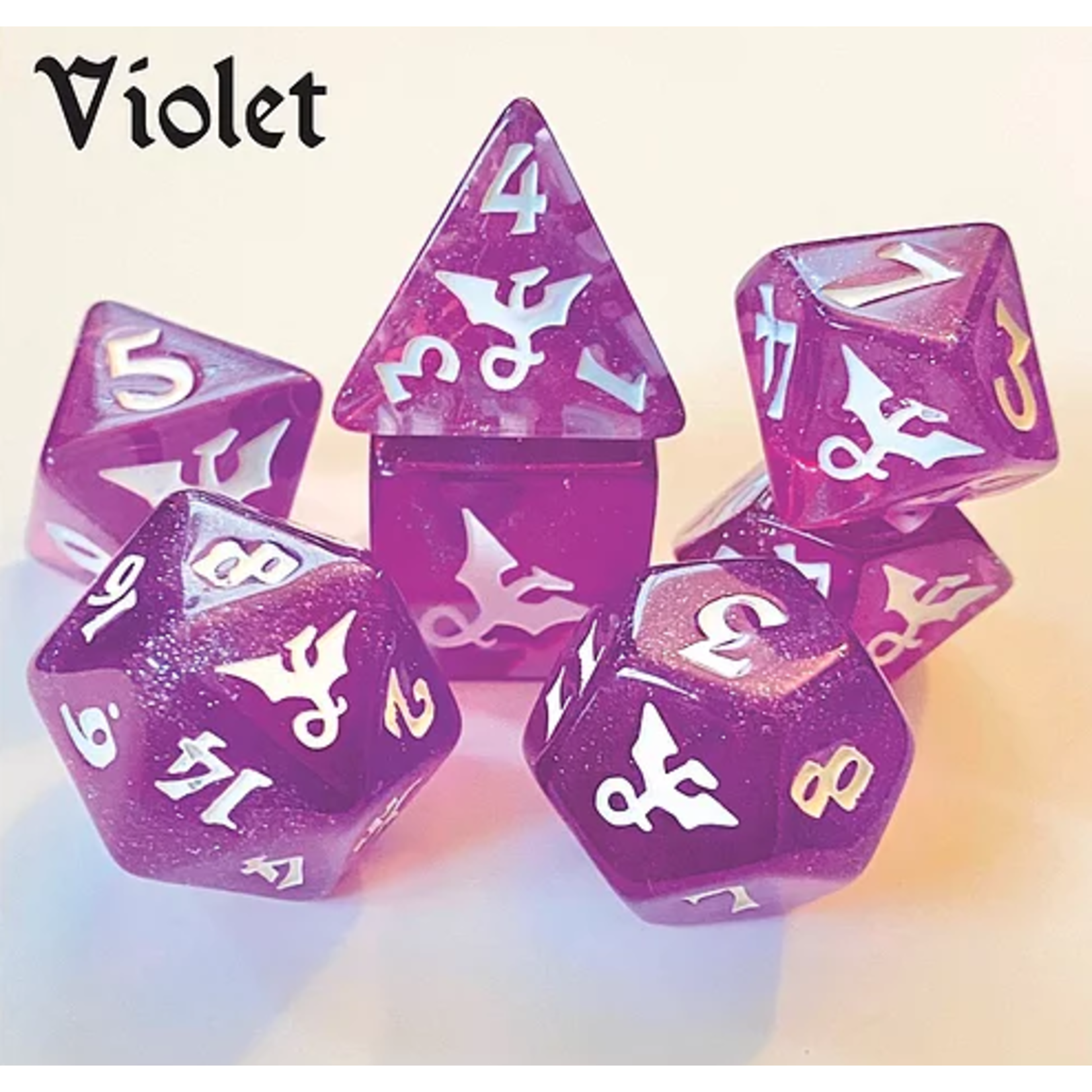 Oversize Dice: Dragons - Violet Glitter w/ White Ink Dragon | 19mm - 23mm | 7 Die Polyhedral Set