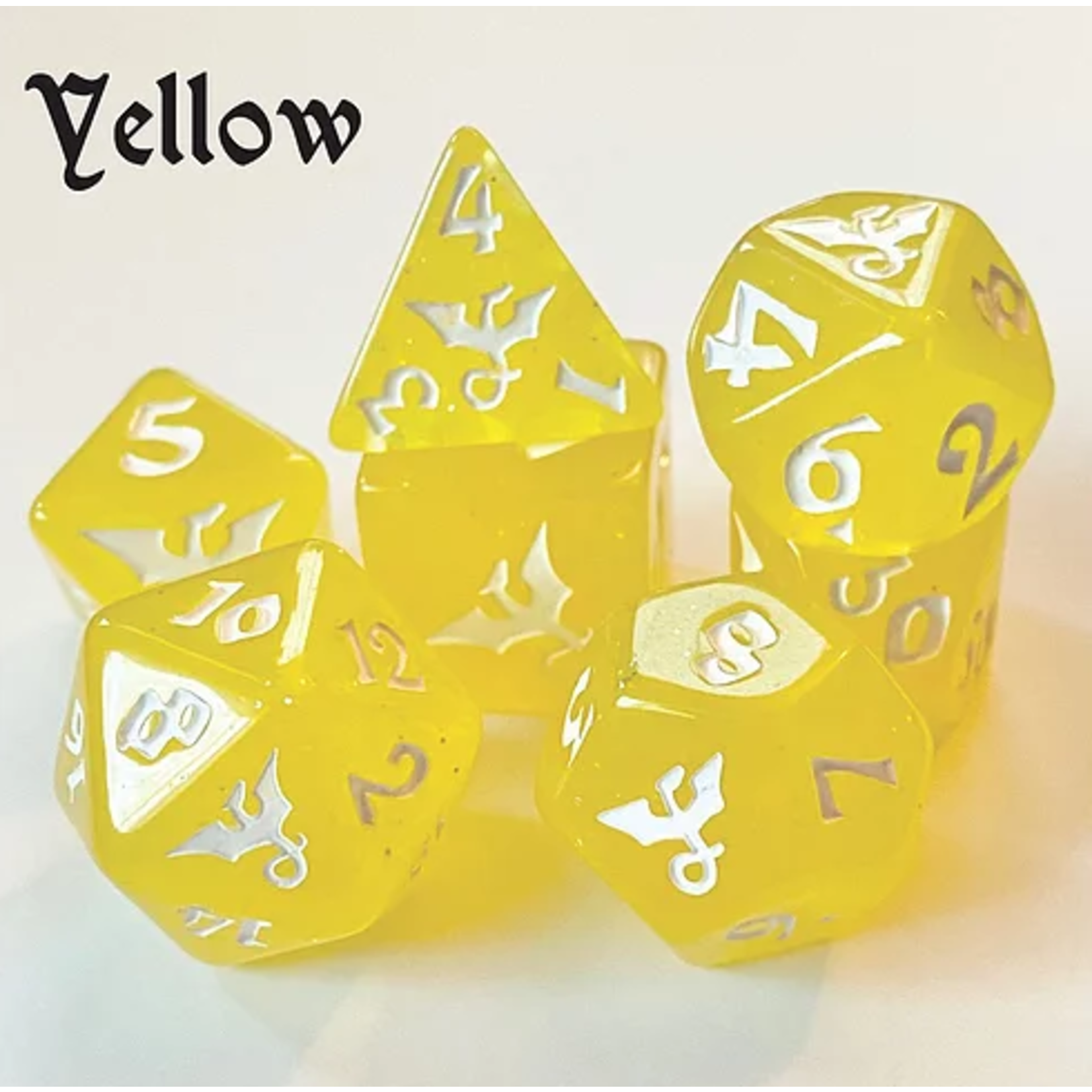 Oversize Dice: Dragons - Yellow Glitter w/ White Ink Dragon | 19mm - 23mm | 7 Die Polyhedral Set