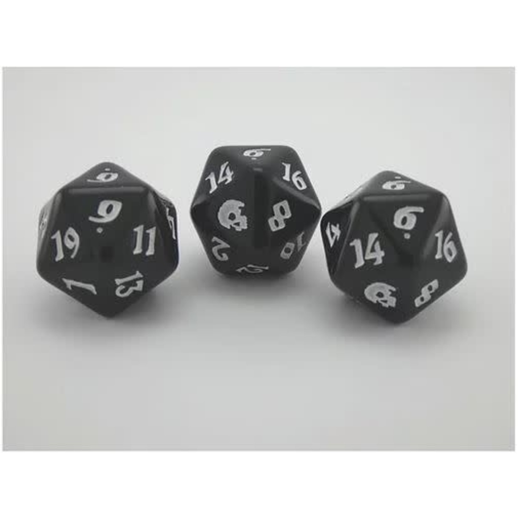 Oversize Dice: Black Death Skull - d20 Black Death black w/white ink 23mm