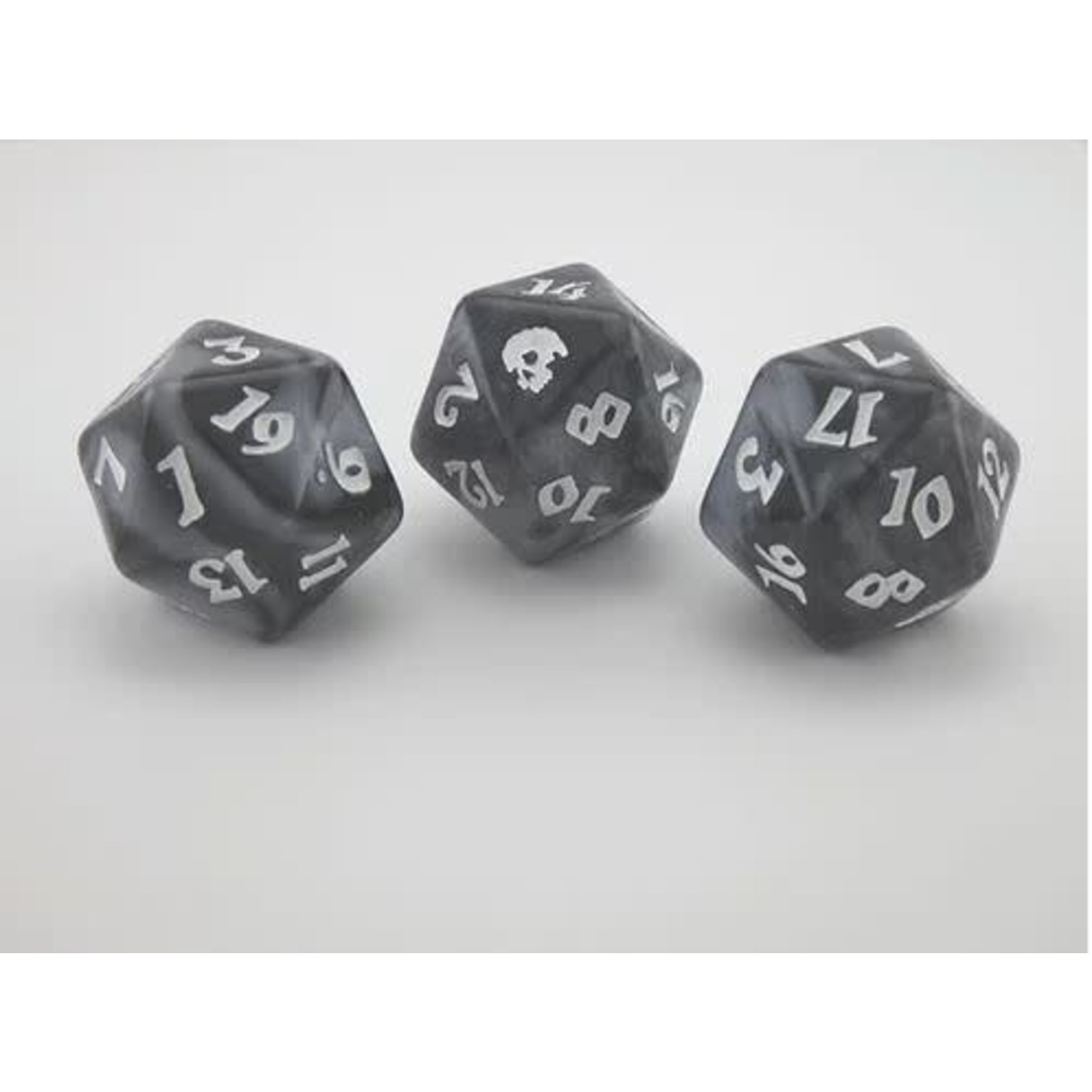 Oversize Dice: Black Death Skull - d20 Swirling Doom black gray swirl w/white ink 23mm